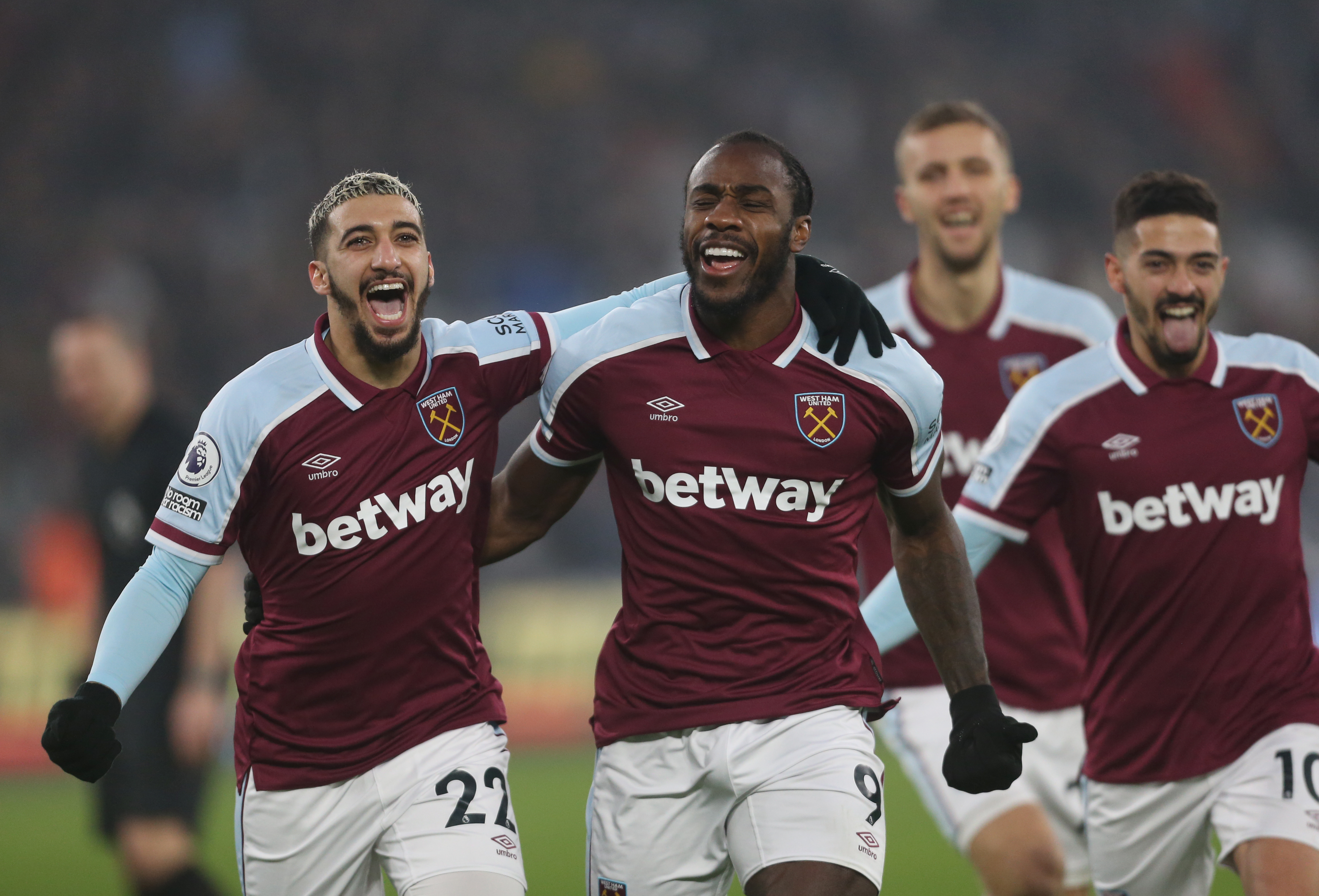 West Ham United’s Michail Antonio celebrates scoring his side’s first goal with Said Benrahma - Premier League