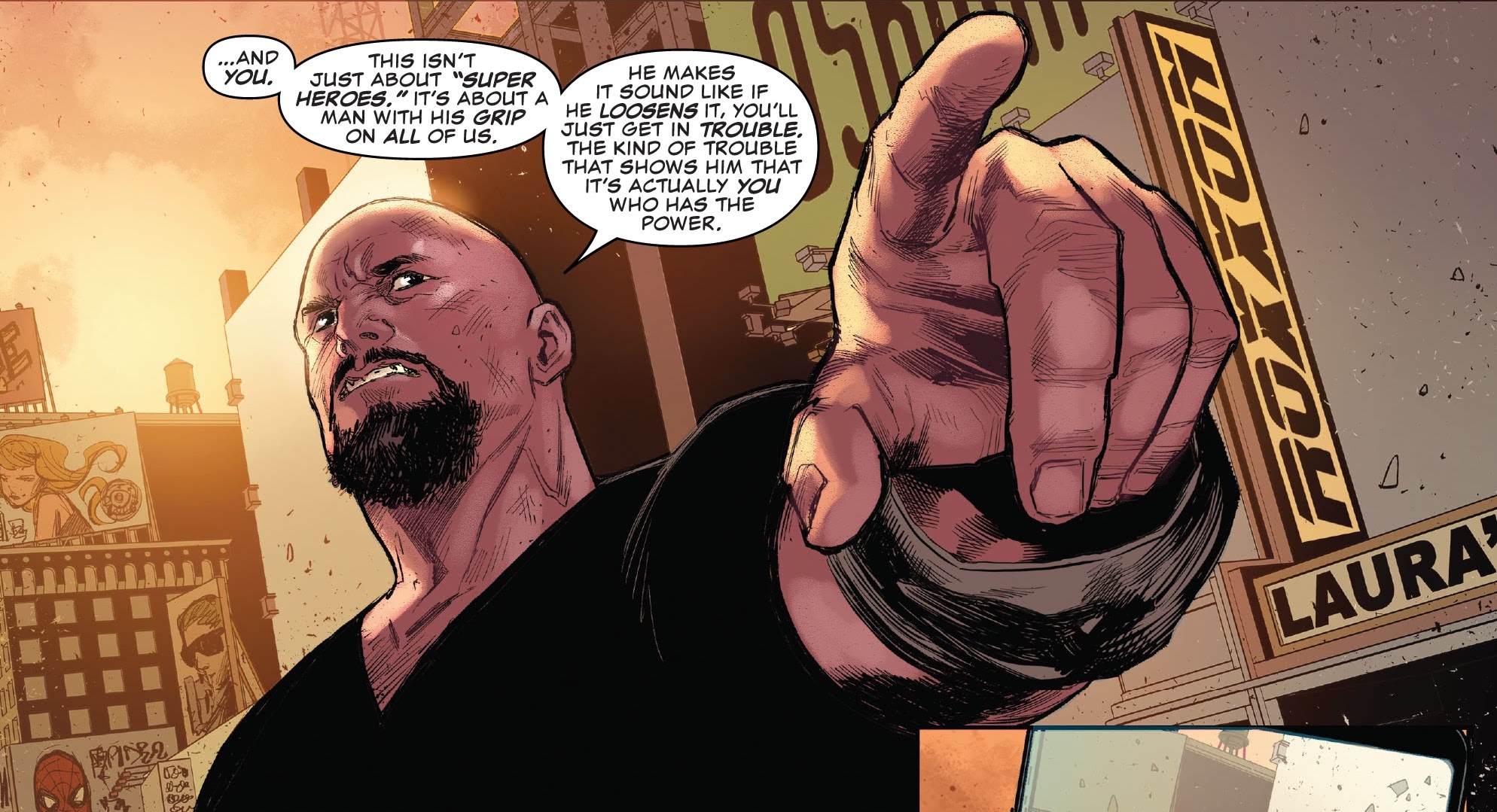 Luke Cage gives a stirring speech on a street in NYC in Devil’s Reign #1 (2021).