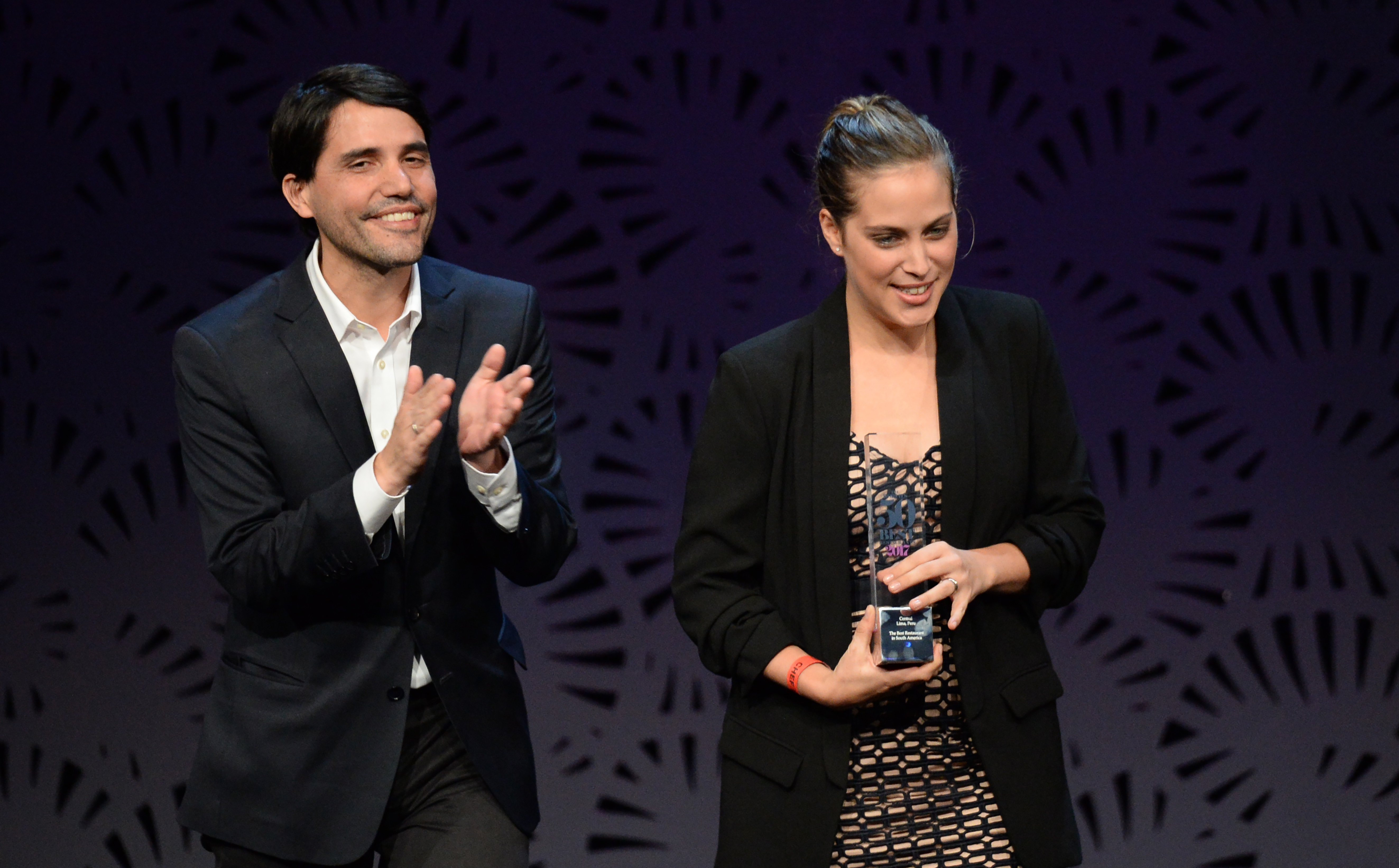 Chef Virgilio Martinez and his wife Pia celebrate after winning the Best Restaurant in South America award at the World’s 50 Best Restaurants awards in Melbourne on April 5, 2017. The chef has published a new cookbook on Latin American cuisine.