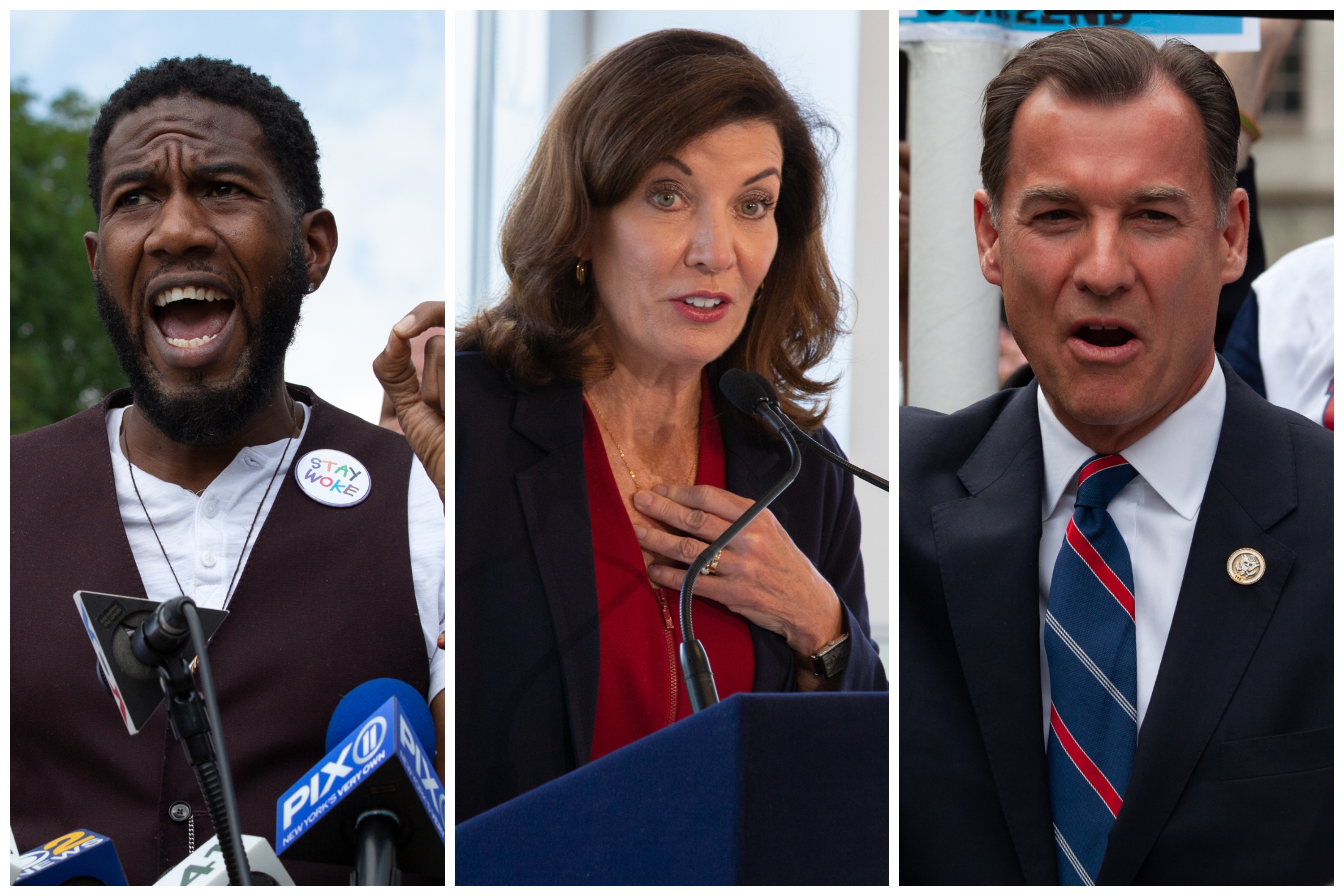 Public Advocate Jumaane Williams, Governor Kathy Hochul and Congressional Rep. Tom Suozzi, left to right, are running in the Democratic gubernatorial primary.