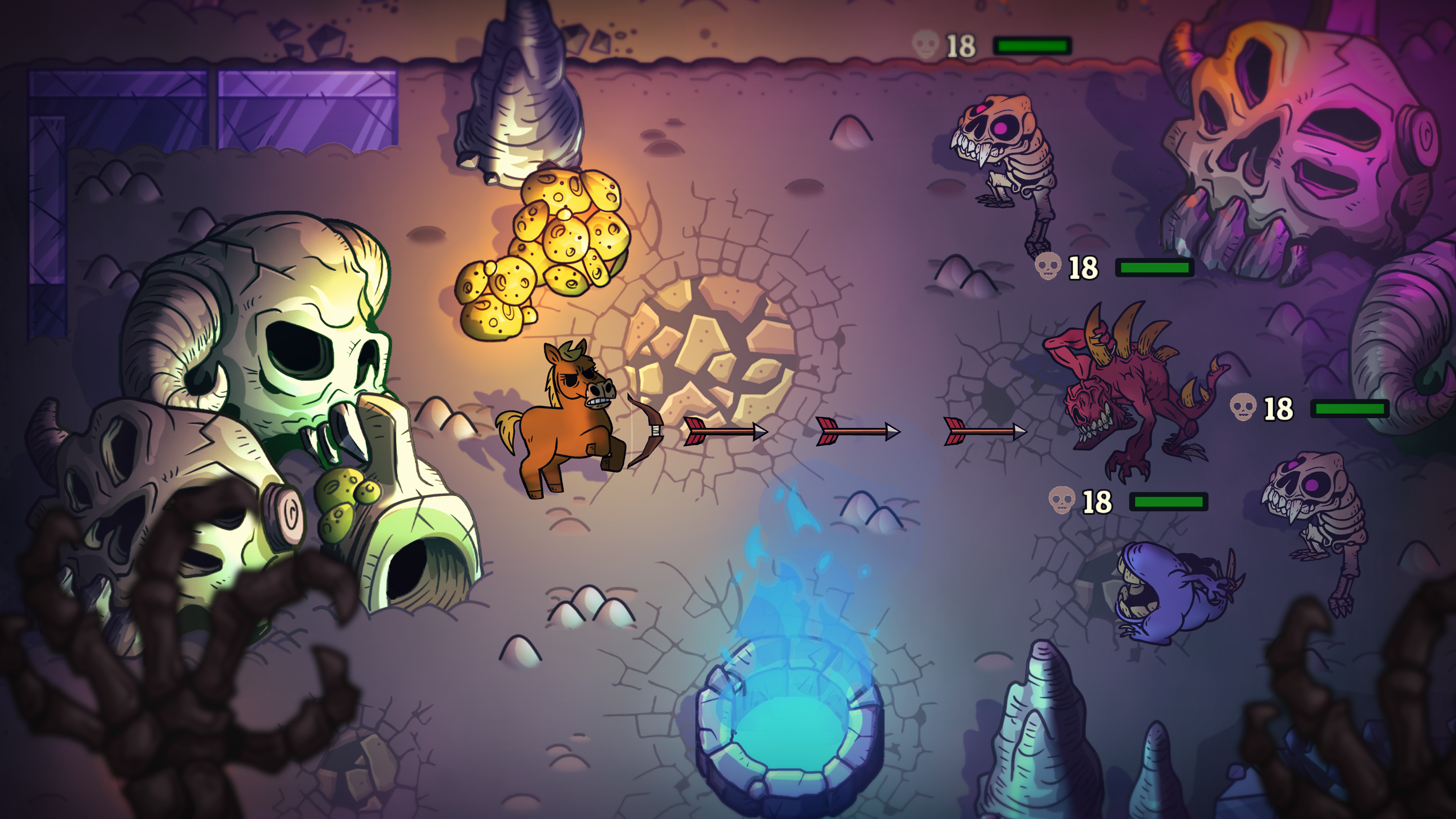 gameplay view of Nobody Saves the World. Overhead view of a video game dungeon where an angry horse launches arrow attacks at enemies.