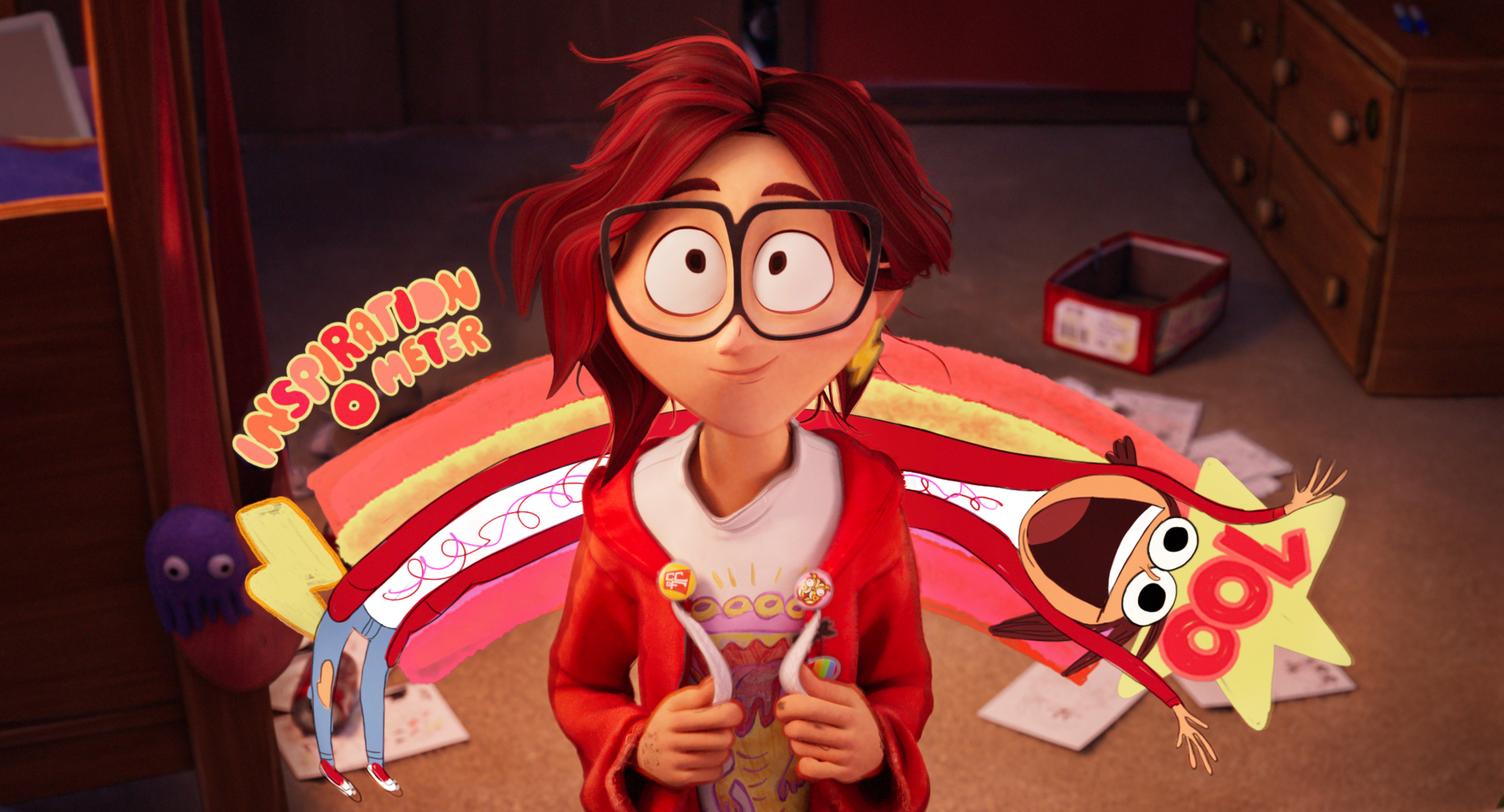 katie mitchell, a teenage girl with glasses and a red hoodie, looks up at the camera, doodles behind her