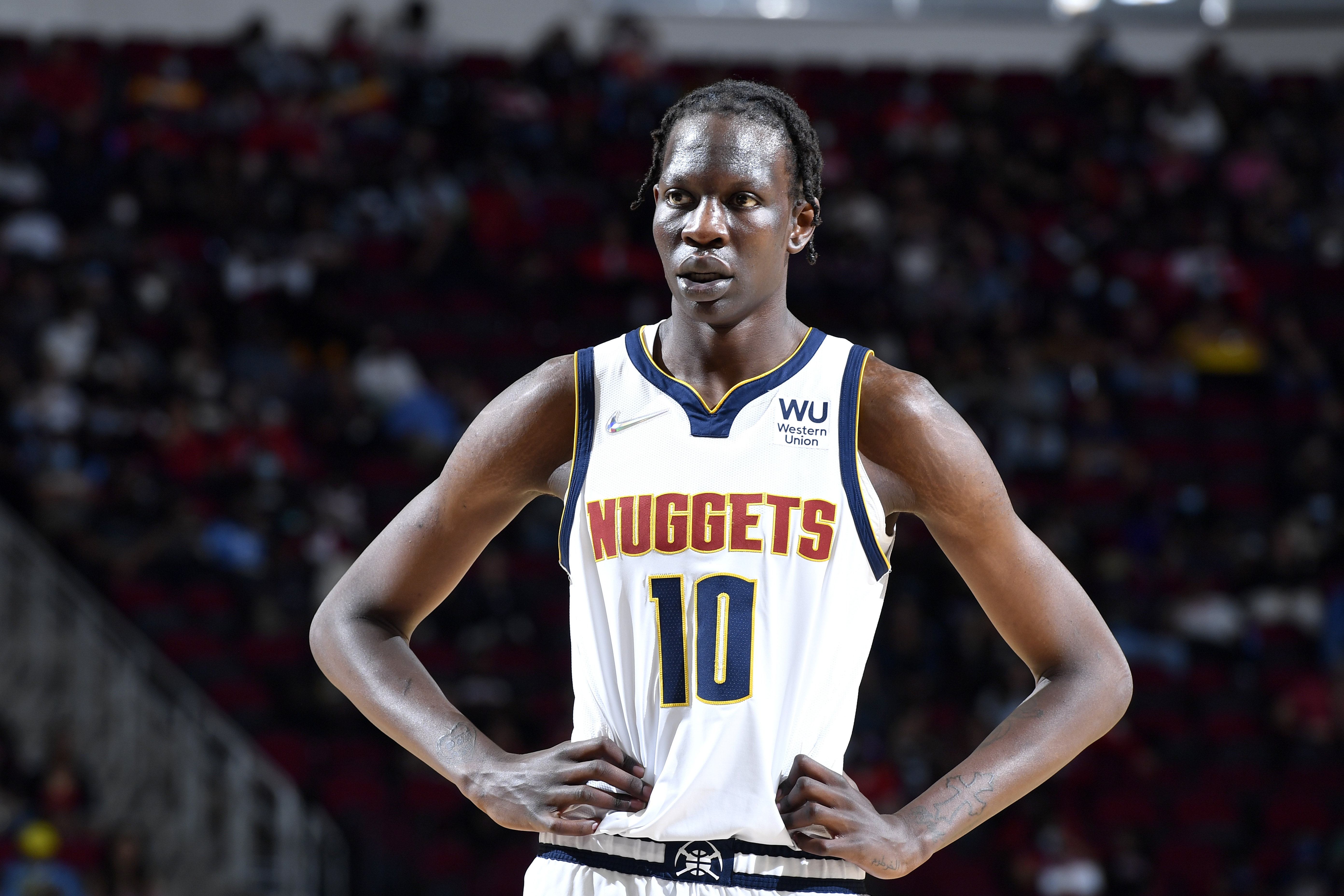 Bol Bol #10 of the Denver Nuggets looks on during the game against the Houston Rockets on January 1, 2022 at the Toyota Center in Houston, Texas.