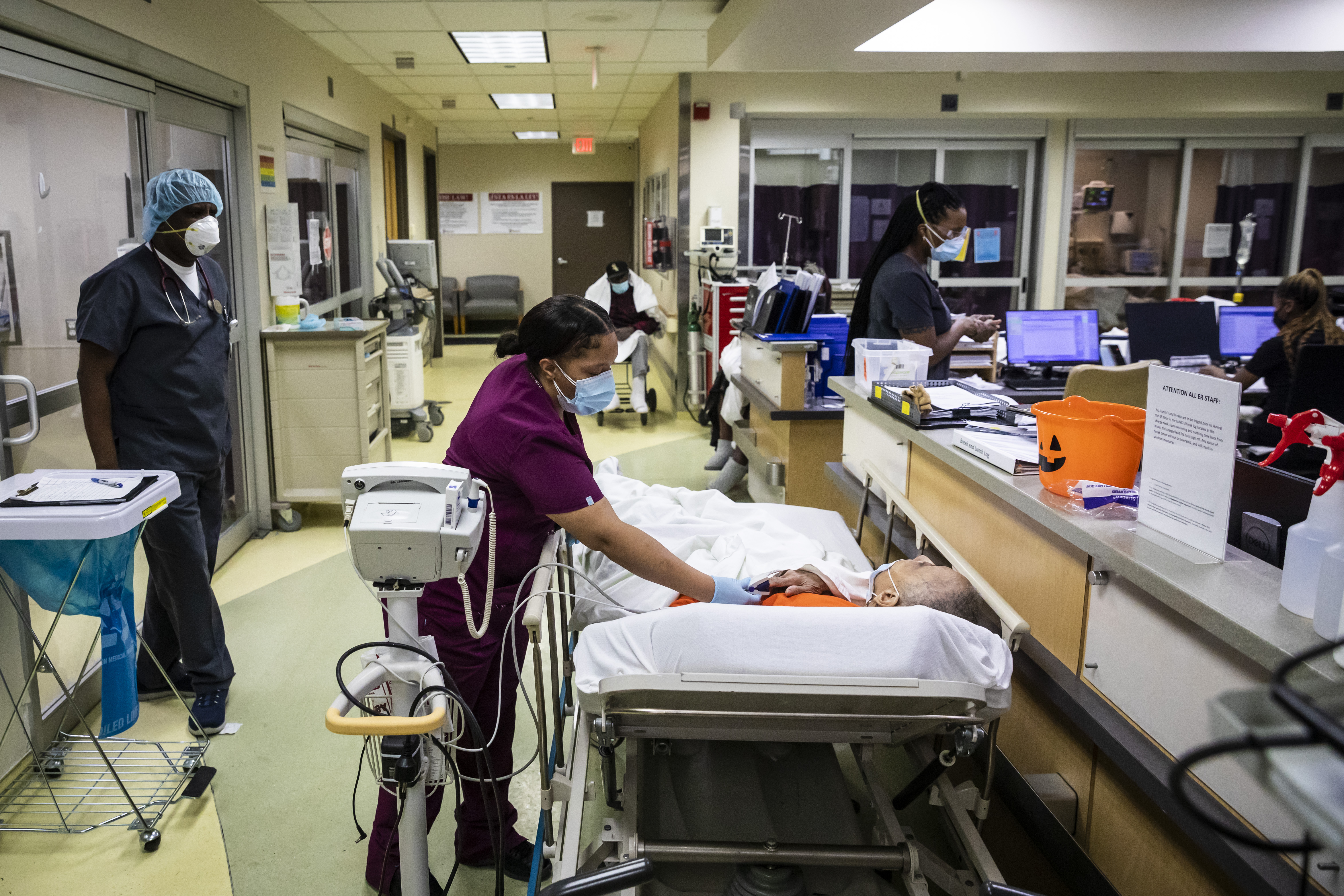 Medical assistant Cassandra Munoz checks a patient’s vitals in the hallway, as no rooms were open last week in the Emergency Department at Roseland Community Hospital on the Far South Side.