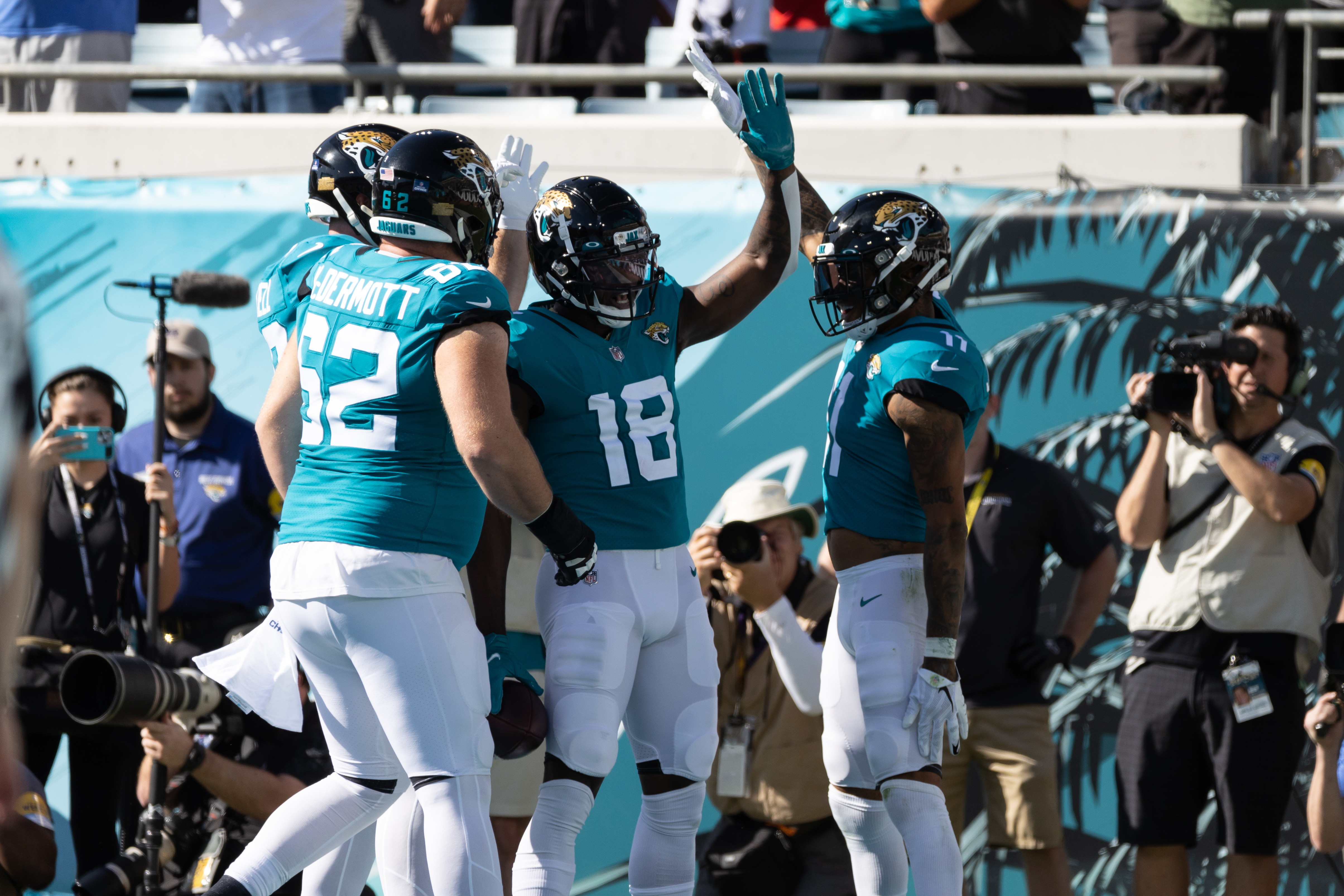 Jacksonville Jaguars wide receiver Laquon Treadwell (18) celebrates after scoring a touchdown during the first half against the Indianapolis Colts at TIAA Bank Field.