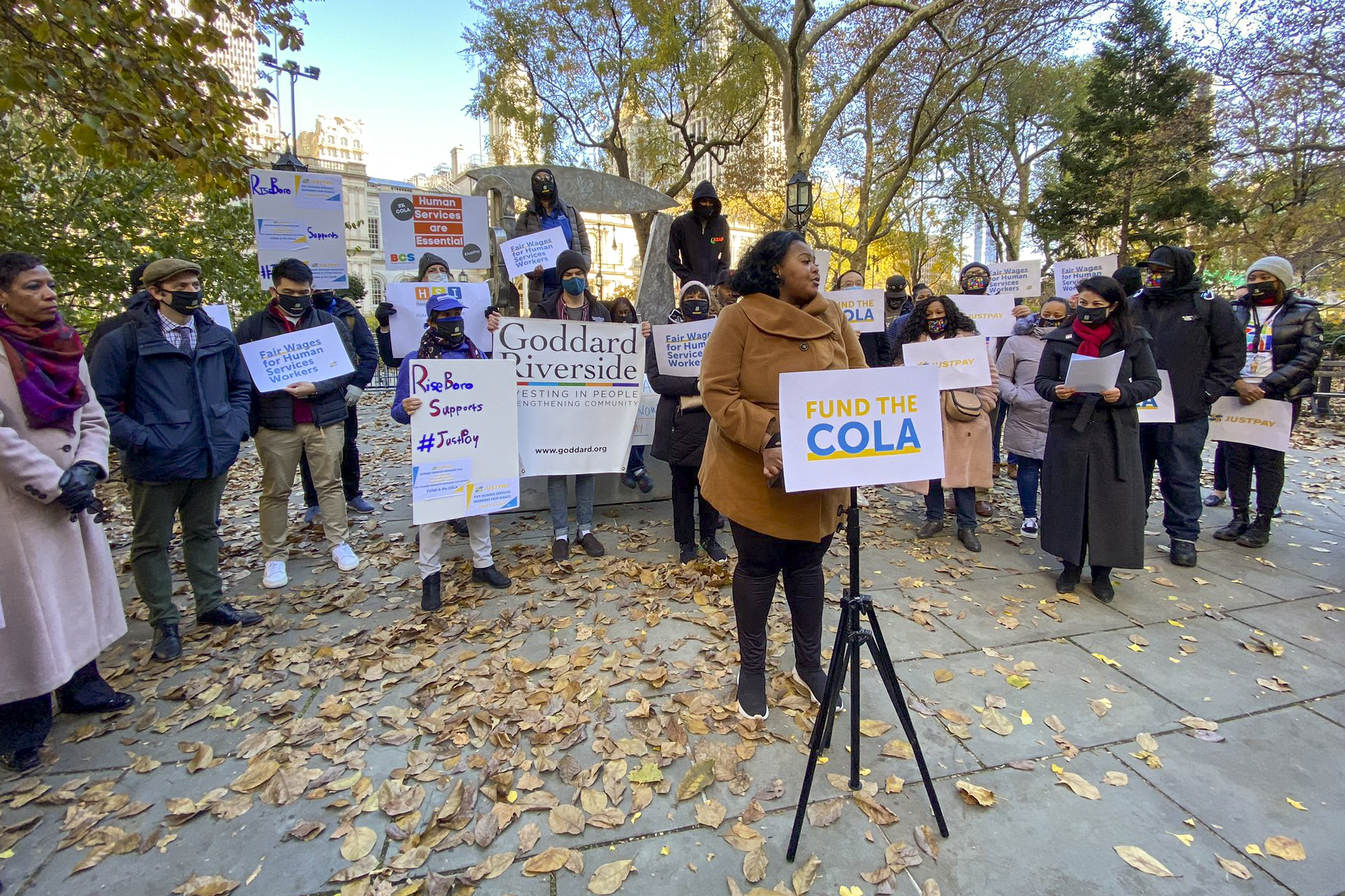 Nonprofit workers rally at City Hall on November 23, 2021.