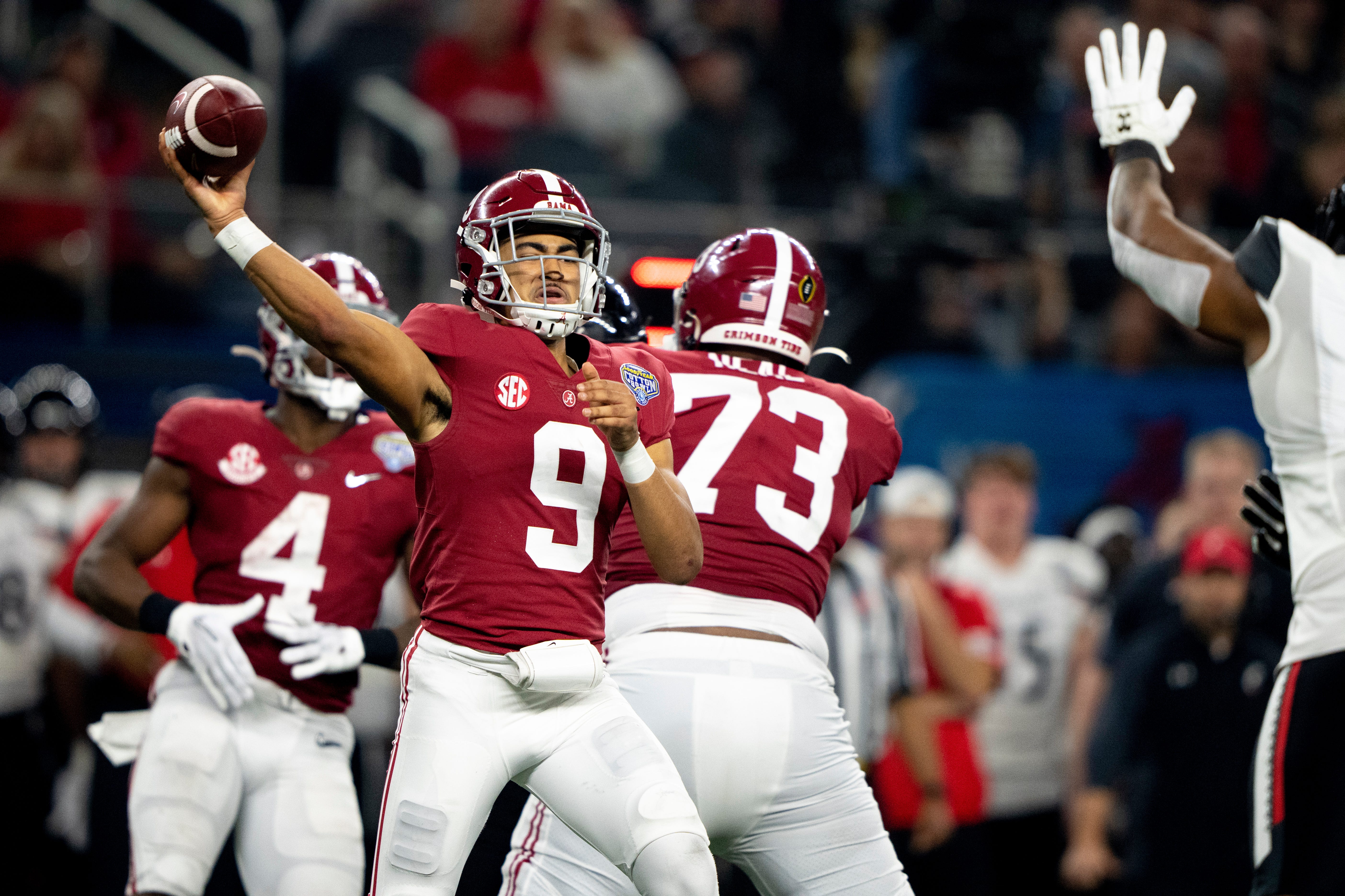 Alabama Crimson Tide quarterback Bryce Young throws a pass in the second half the NCAA Playoff Semifinal at the Goodyear Cotton Bowl Classic on Friday, Dec. 31, 2021, at AT&amp;T Stadium in Arlington, Texas. Alabama Crimson Tide defeated Cincinnati Bearcats 27-6.