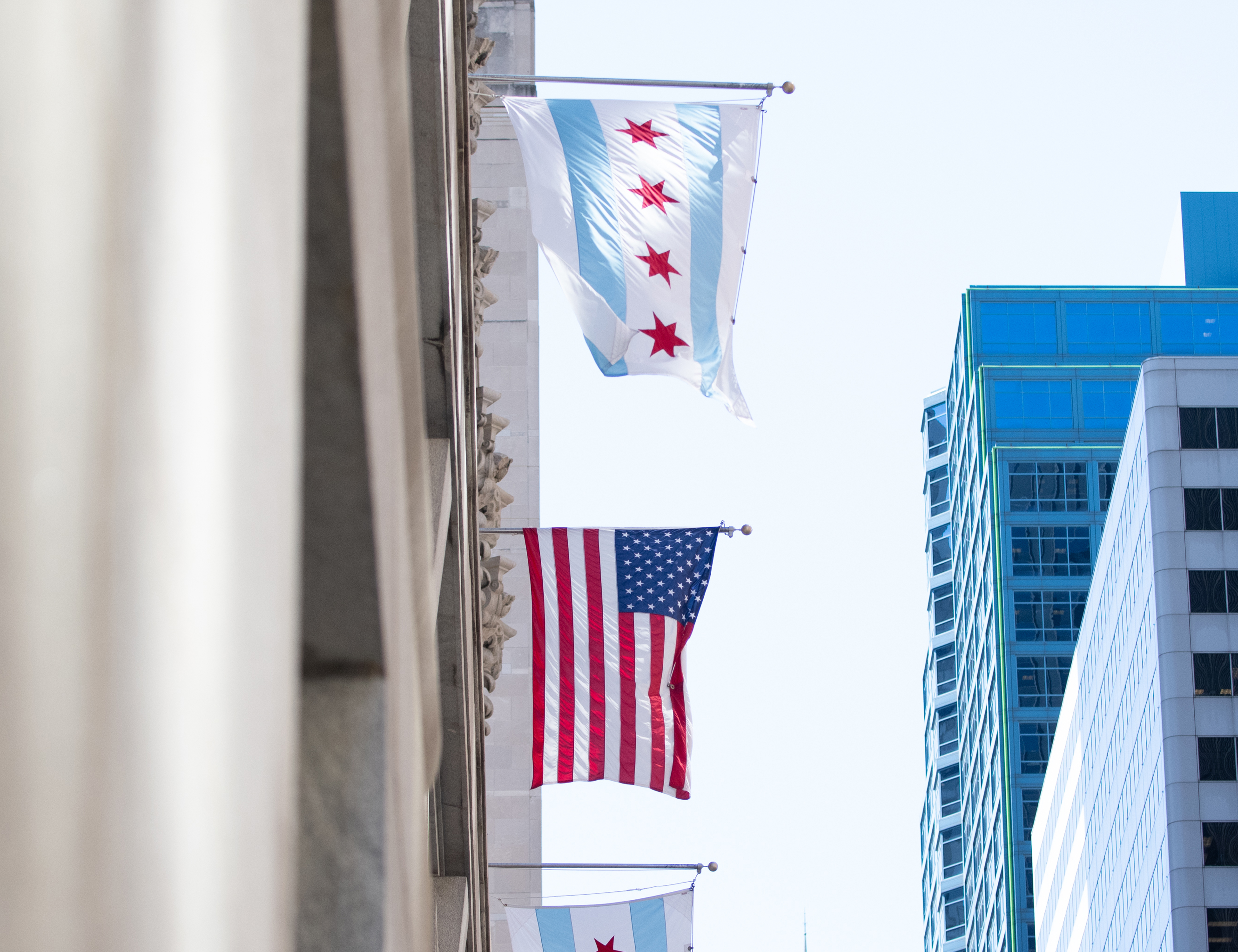 The current Chicago city flag hangs outside City Hall.