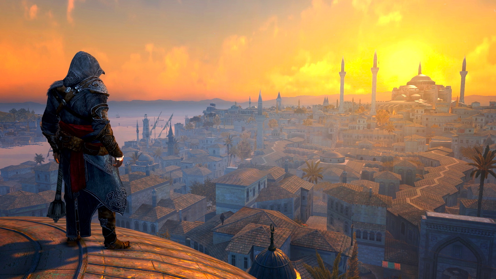 Ezio overlooks a city under sunset in a screenshot from Assassin’s Creed: The Ezio Collection for Nintendo Switch