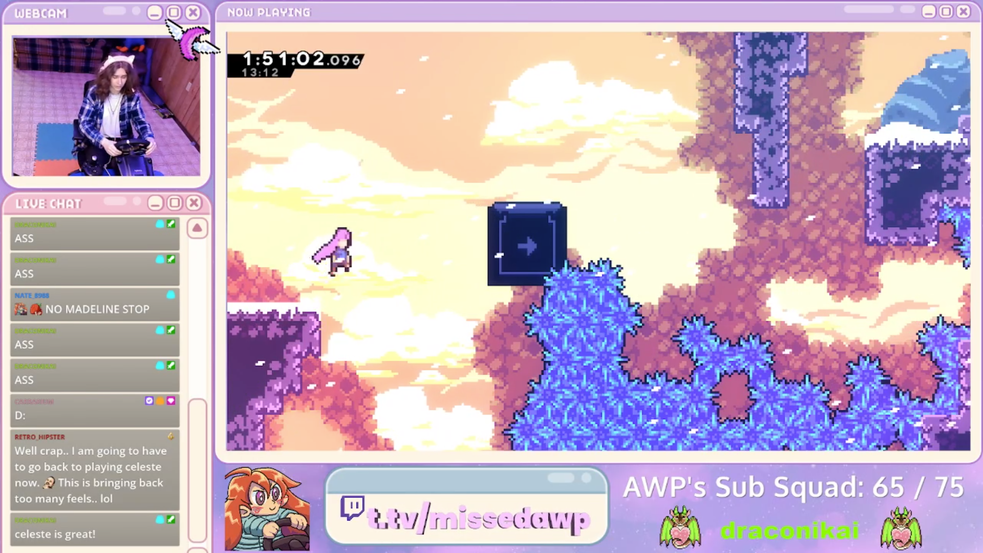 a screenshot of a twitch stream. we see missedawp driving a steering wheel as she plays celeste