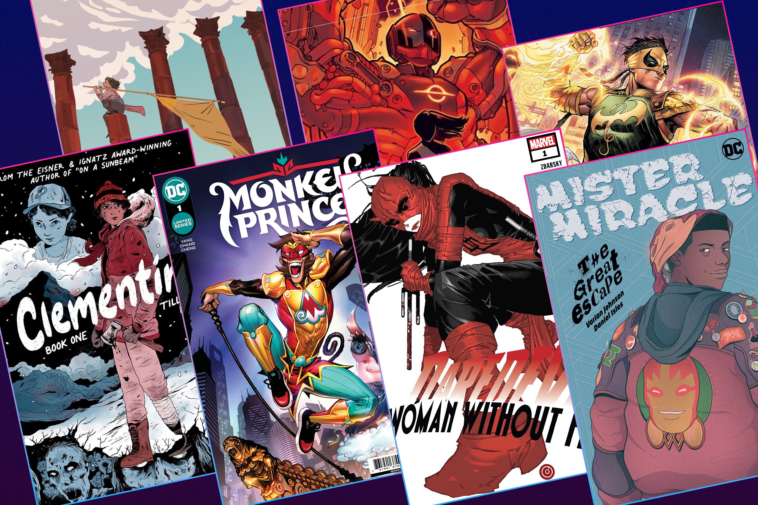 Graphic grid featuring the covers of seven different comics from 2022