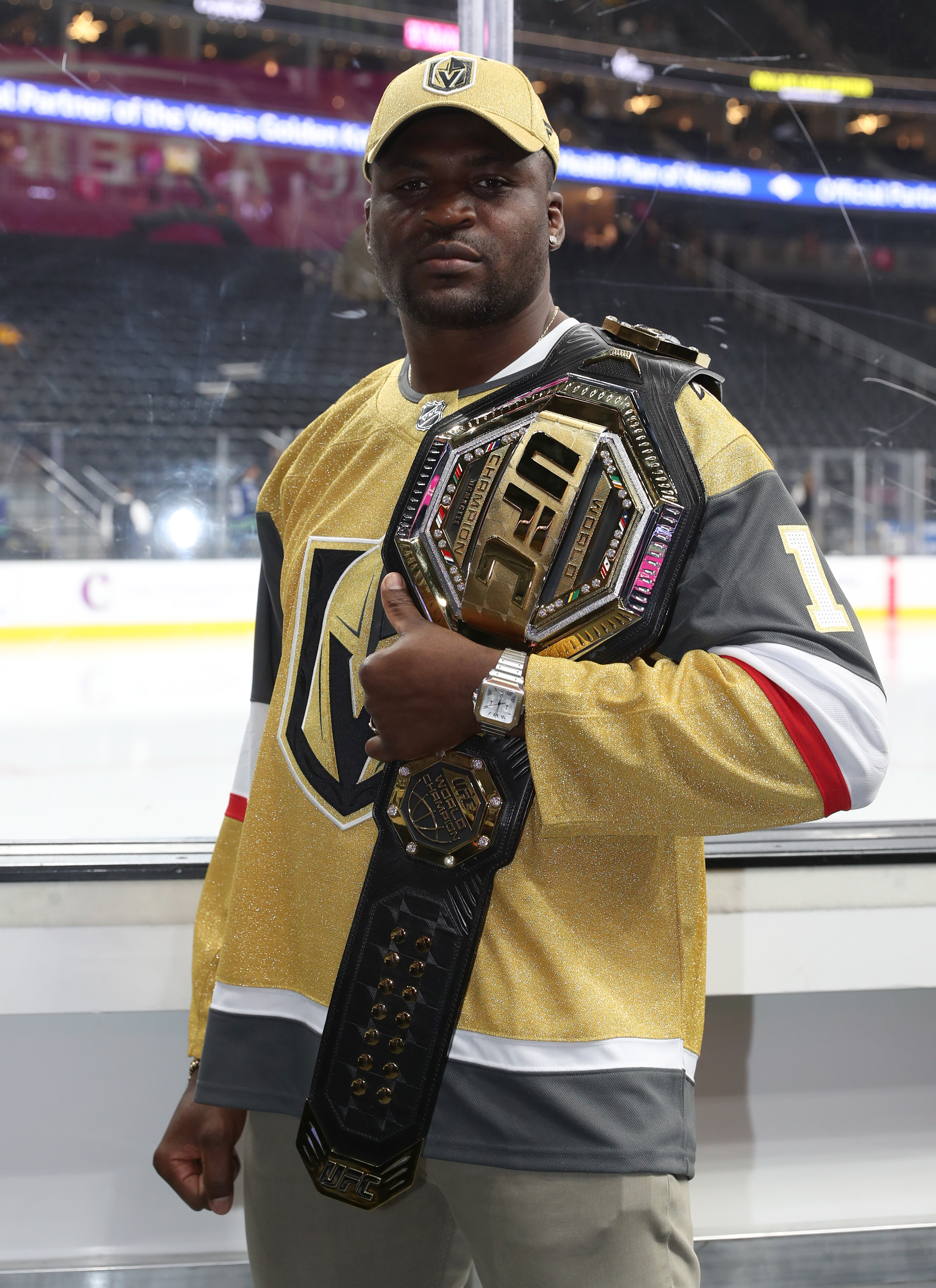 UFC heavyweight champion Francis Ngannou attends a Vegas Golden Knights NHL game.