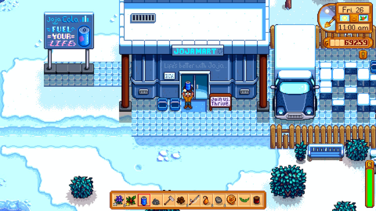 a stardew valley character standing in front of the jojamart, a supermarket