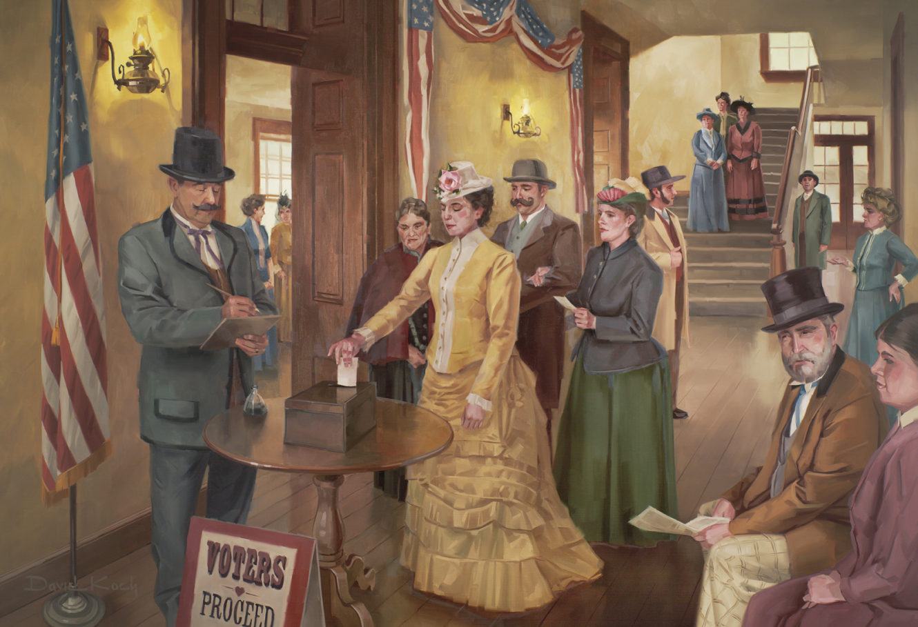 A mural in the Utah Capitol depicts schoolteacher Seraph Young casting the first vote by an American female on Valentine’s Day 1870.
