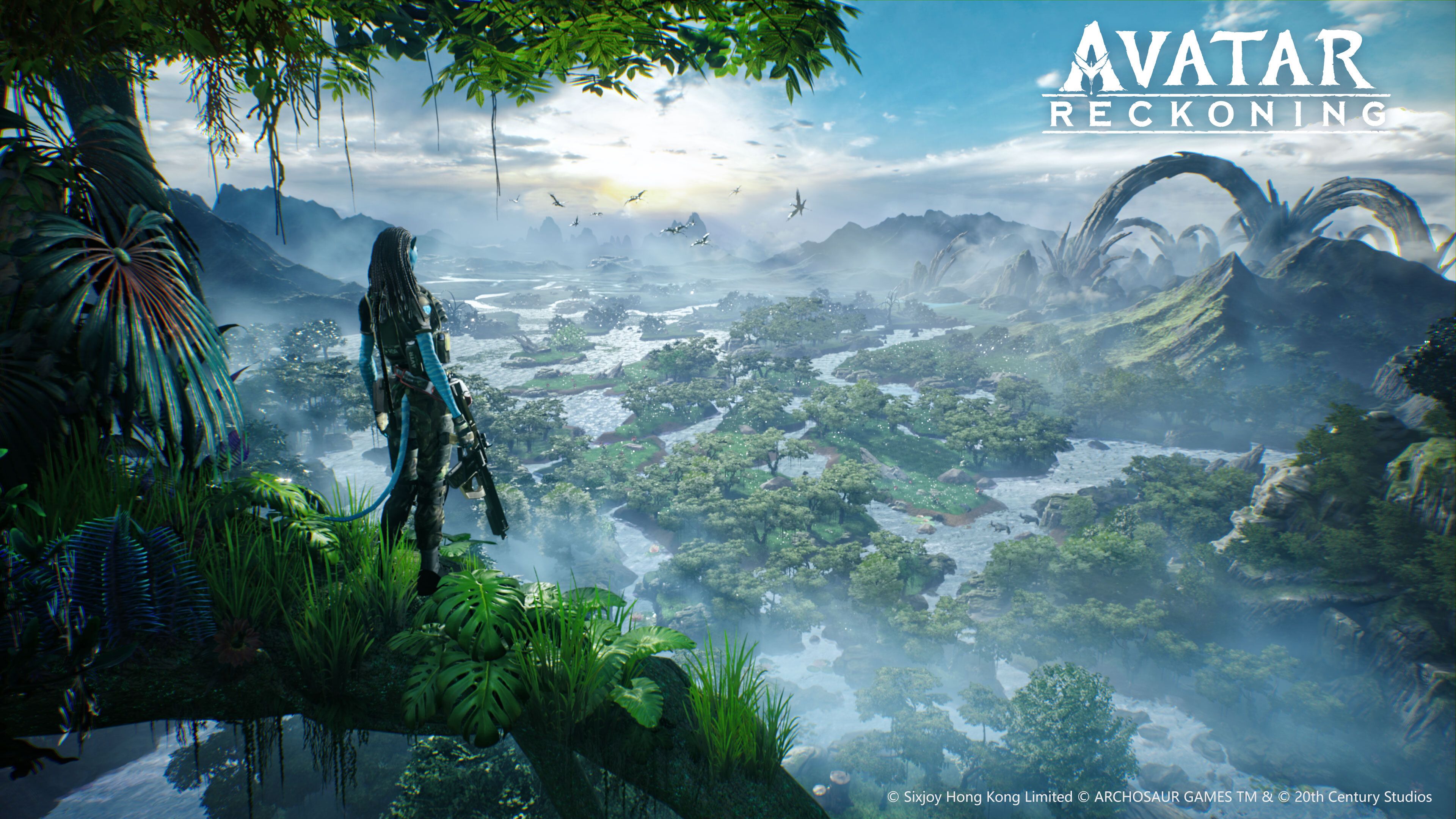 Avatar: Reckoning key art shows a Na’vi looking out over the lush world of Pandora.