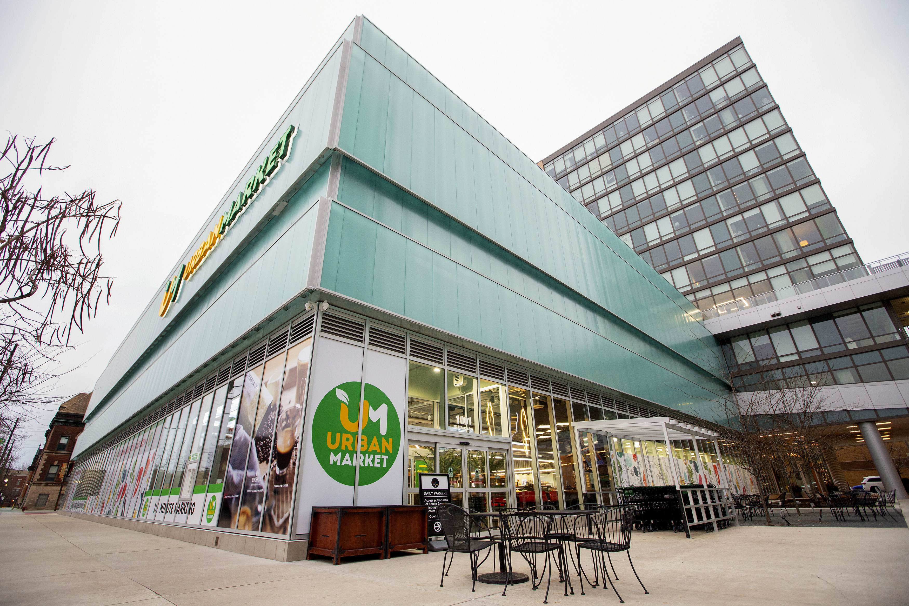 A large grocery store with a green top photographed from the street.