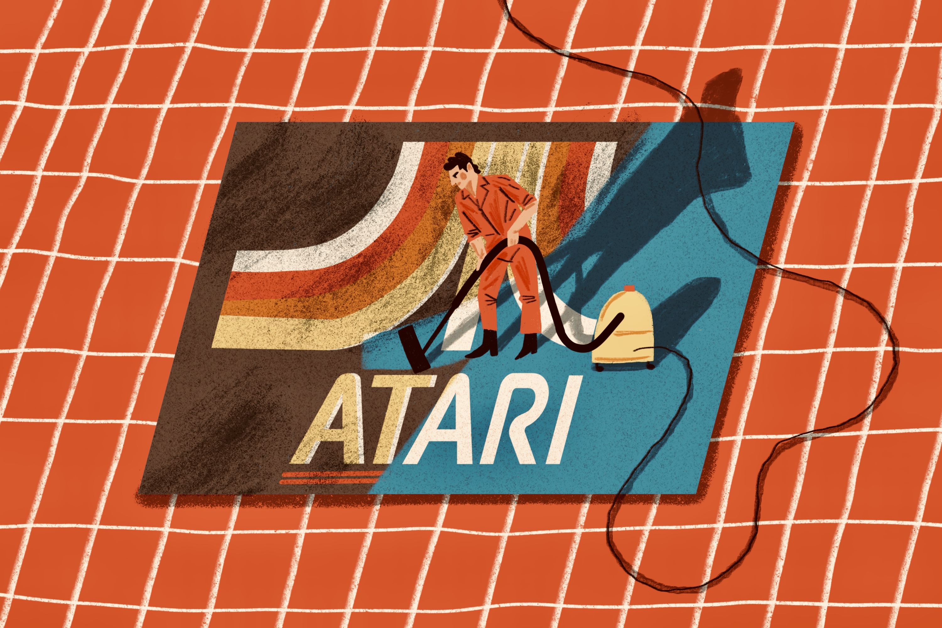 An illustration shows a cleaning person vacuuming an Atari-branded carpet