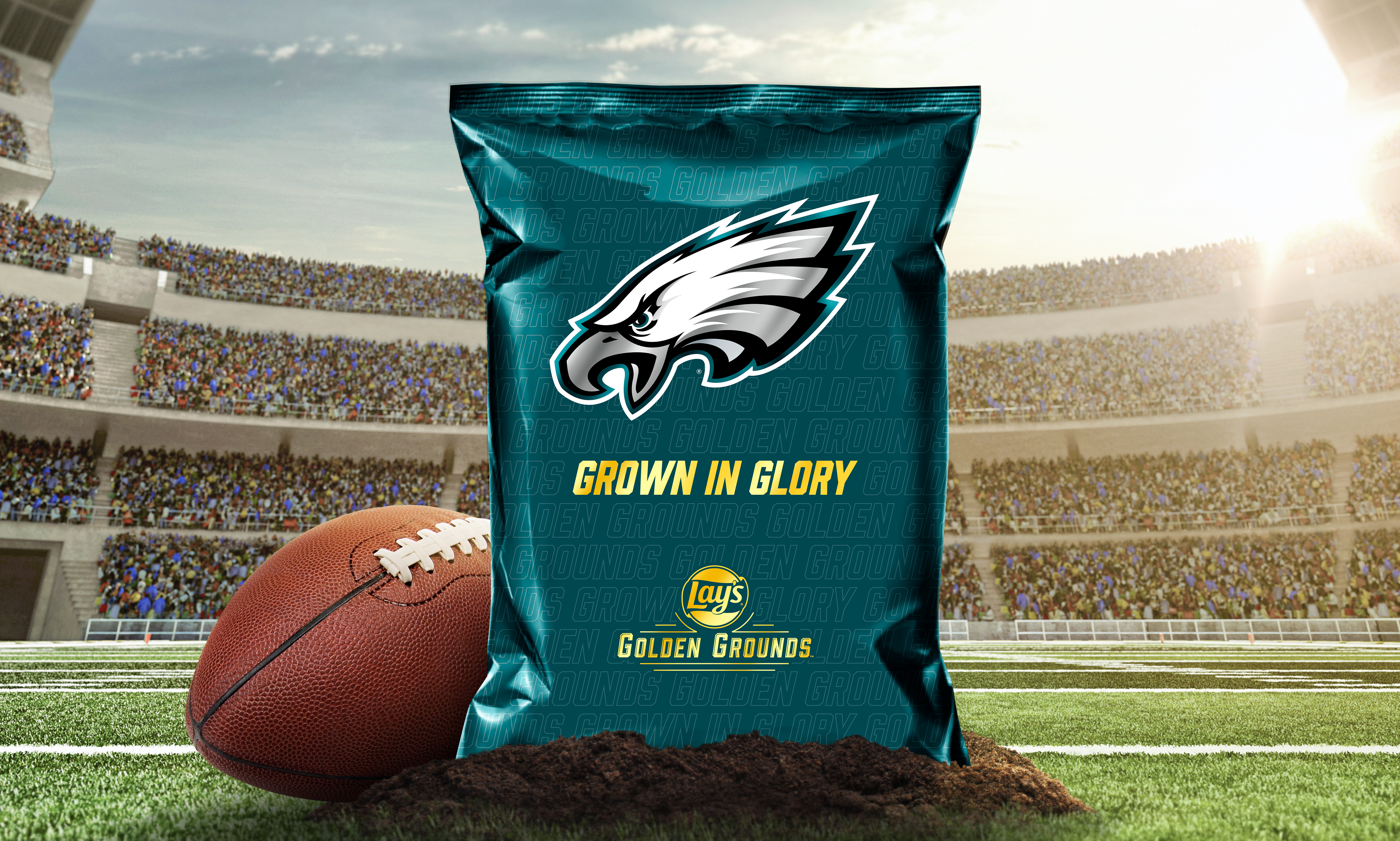 A green bag of potato chips with the Eagles logo that says Grown in Glory.