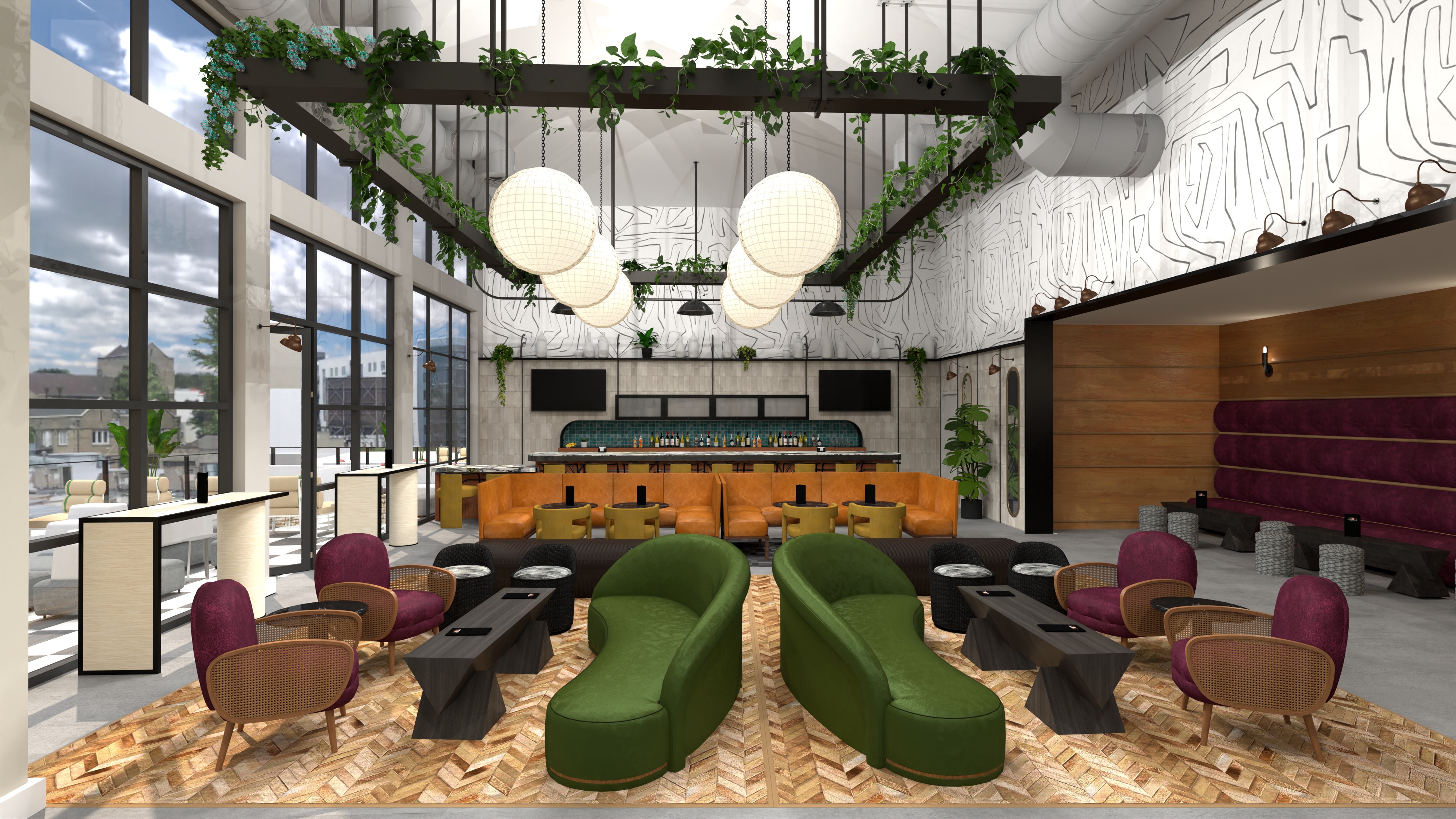 A rendering of a bar with green lounge seats, round modern lights, and hanging plants.