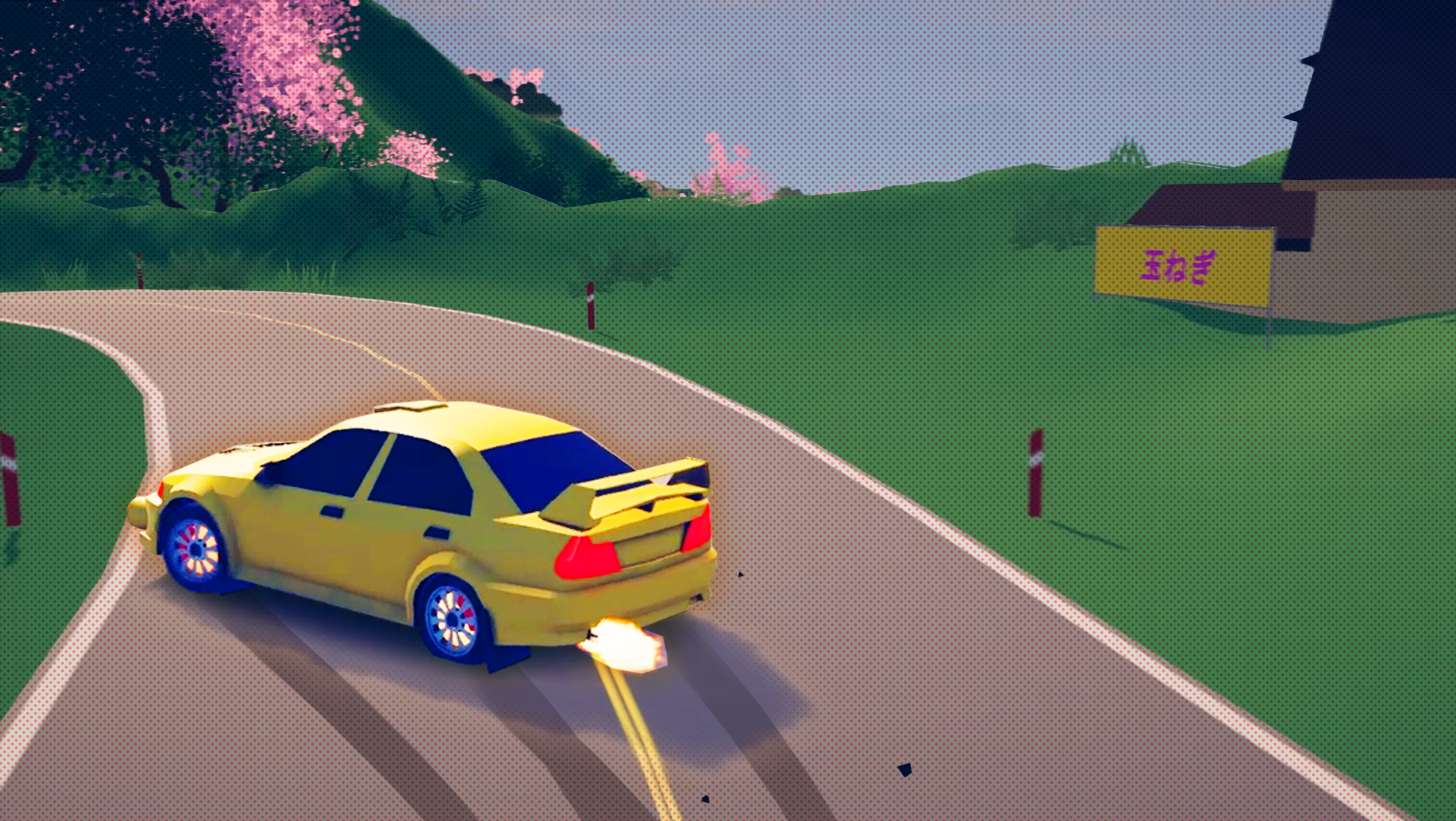 A bright yellow cars drifting from the right to the left in a low poly video game world that looks like a Japanese mountainside, complete with pink cherry blossom trees.
