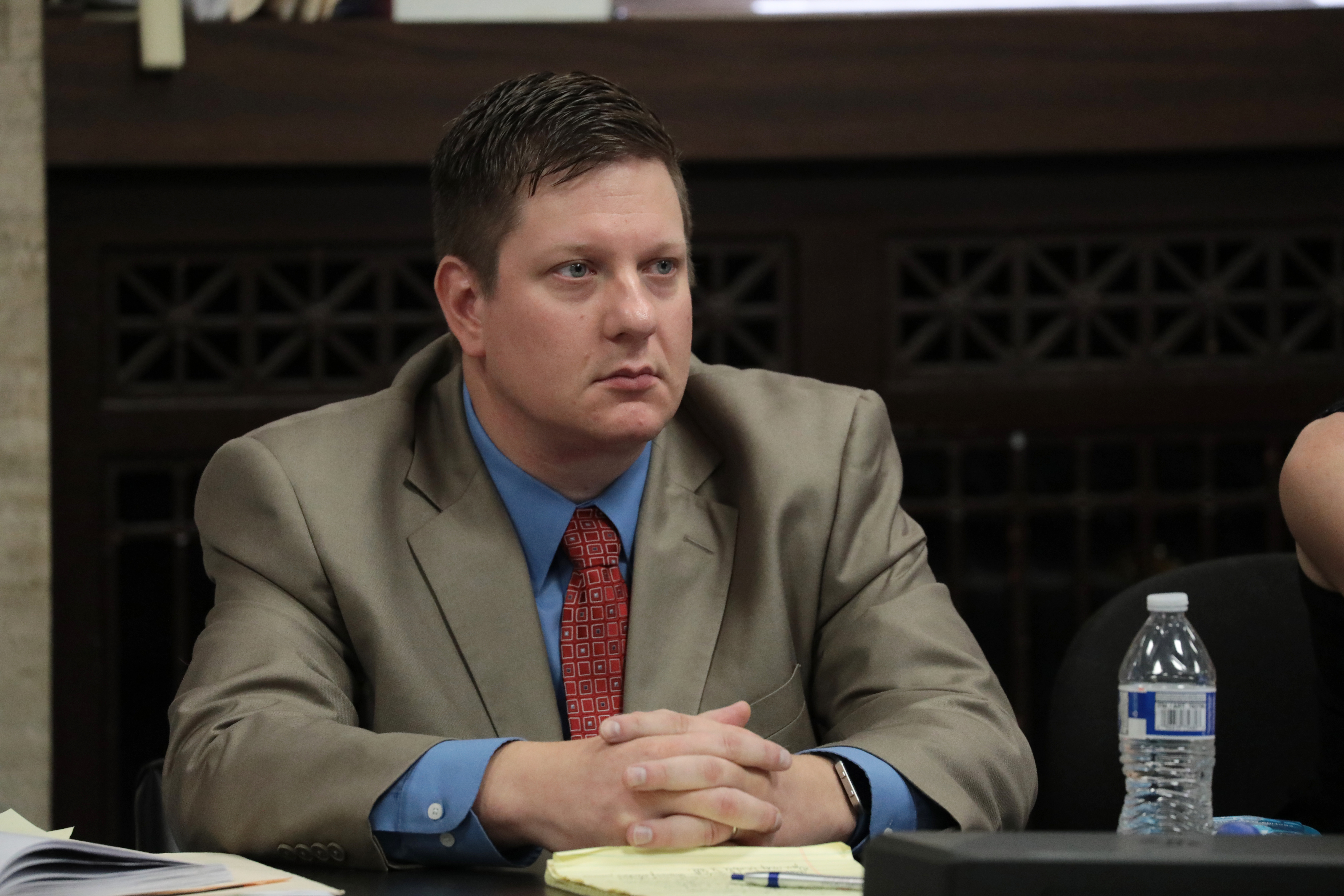 Chicago police Officer Jason Van Dyke watches the prosecution’s closing statements during his trial for the shooting death of Laquan McDonald at the Leighton Criminal Court Building on Thursday, Oct. 4, 2018.