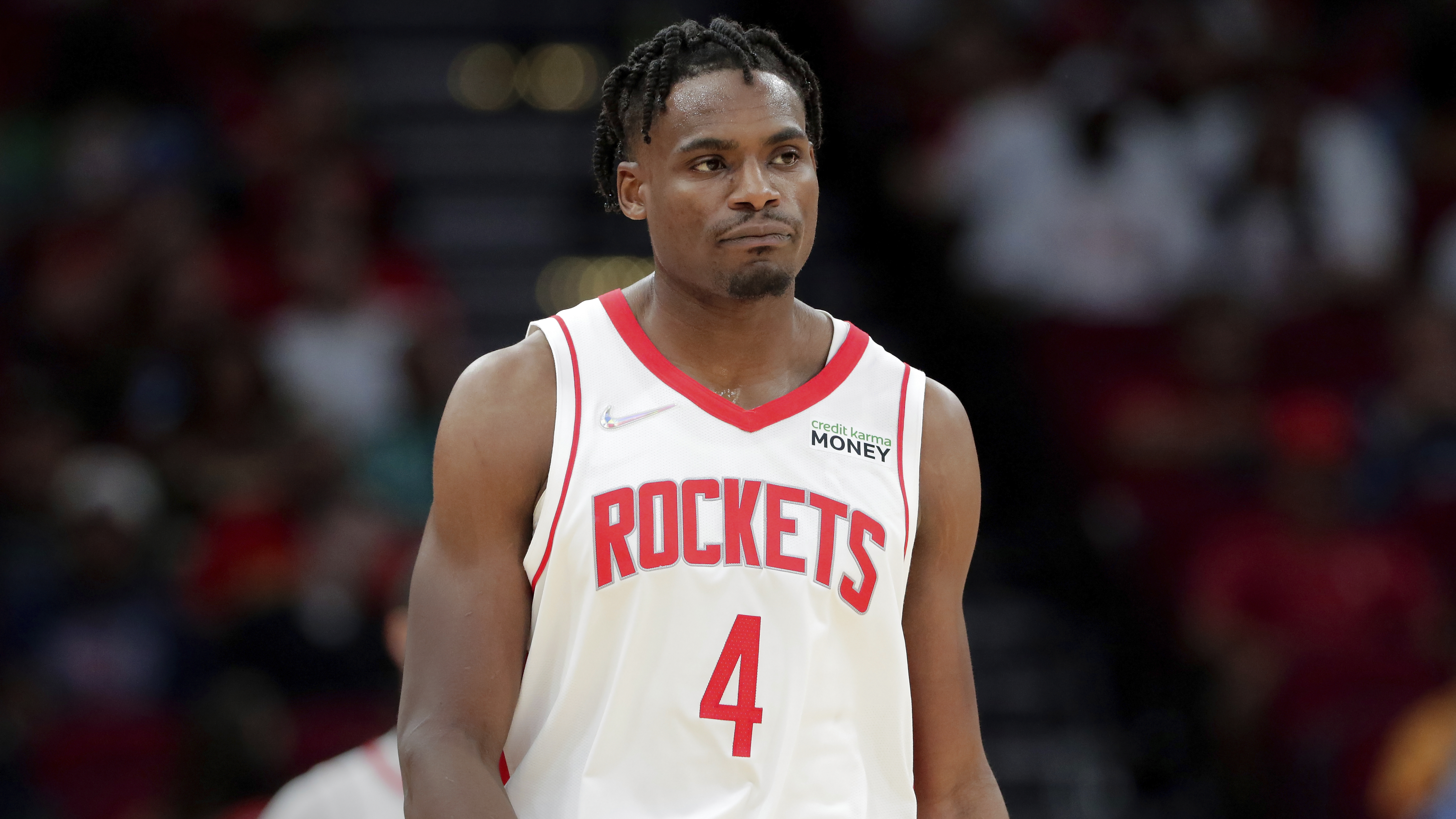Houston Rockets forward Danuel House Jr. looks on during game against the New Orleans Pelicans, Dec. 5, 2021, in Houston. 