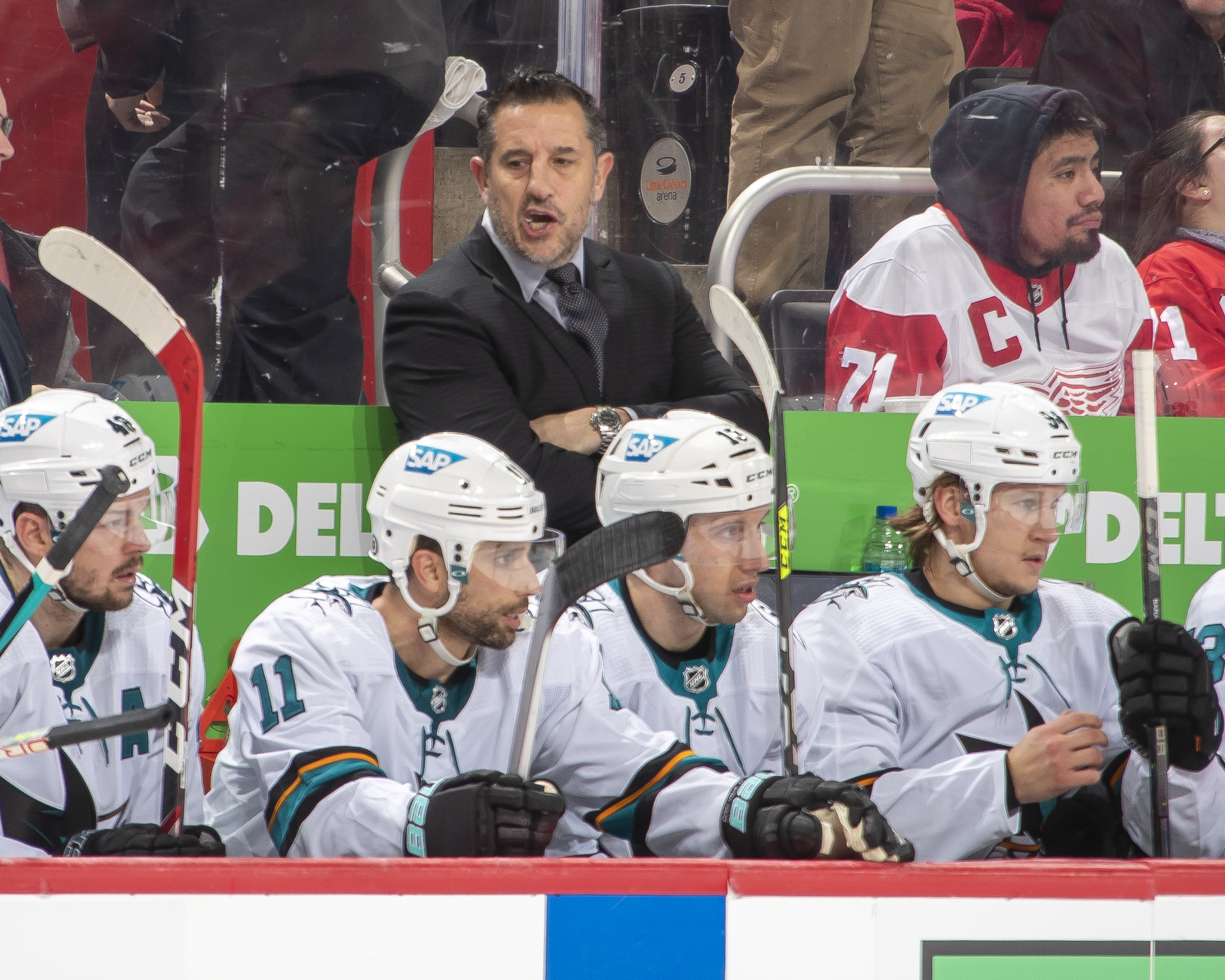 Head Coach Bob Boughner of the San Jose Sharks talks to his bench during the second period of an NHL game against the Detroit Red Wings at Little Caesars Arena on January 4, 2021 in Detroit, Michigan.