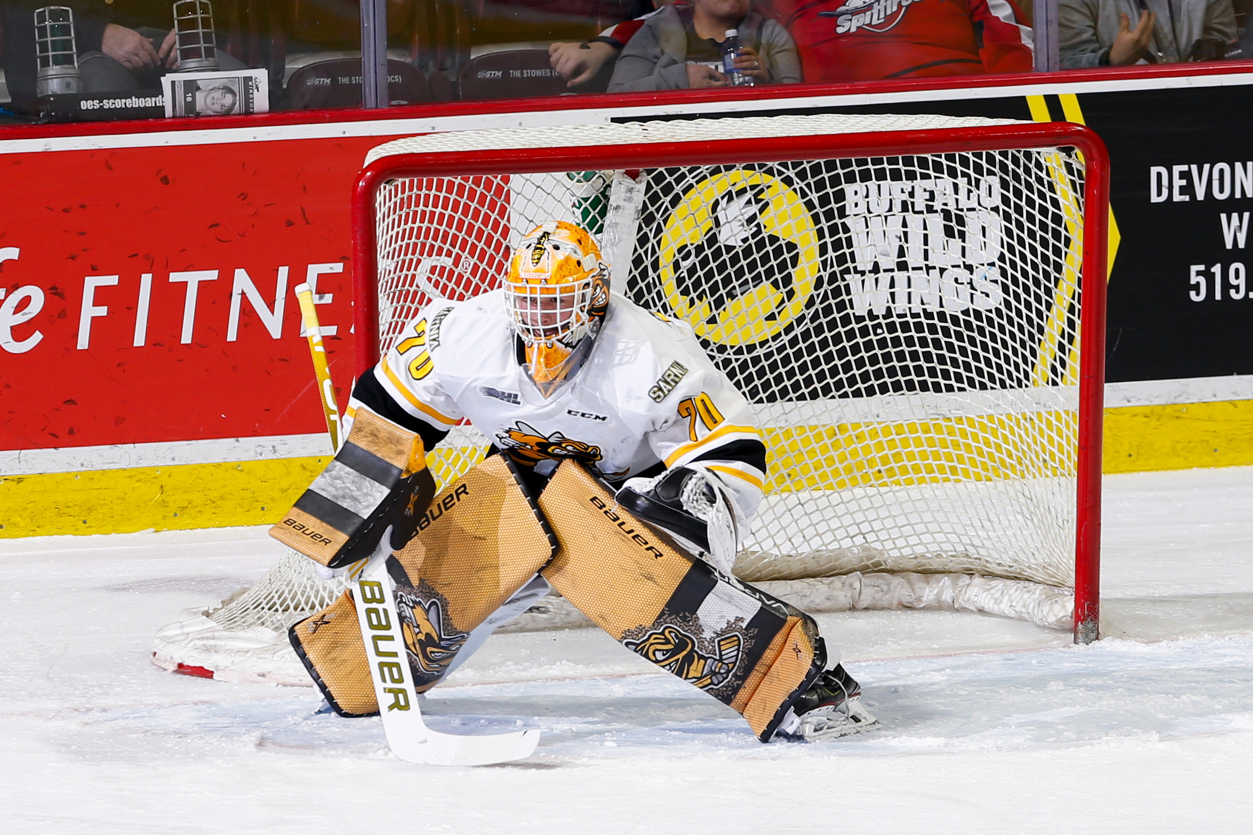 Goaltender Benjamin Gaudreau #70 of the Sarnia Sting skates against the Windsor Spitfires at the WFCU Centre on February 18, 2020 in Windsor, Ontario, Canada.