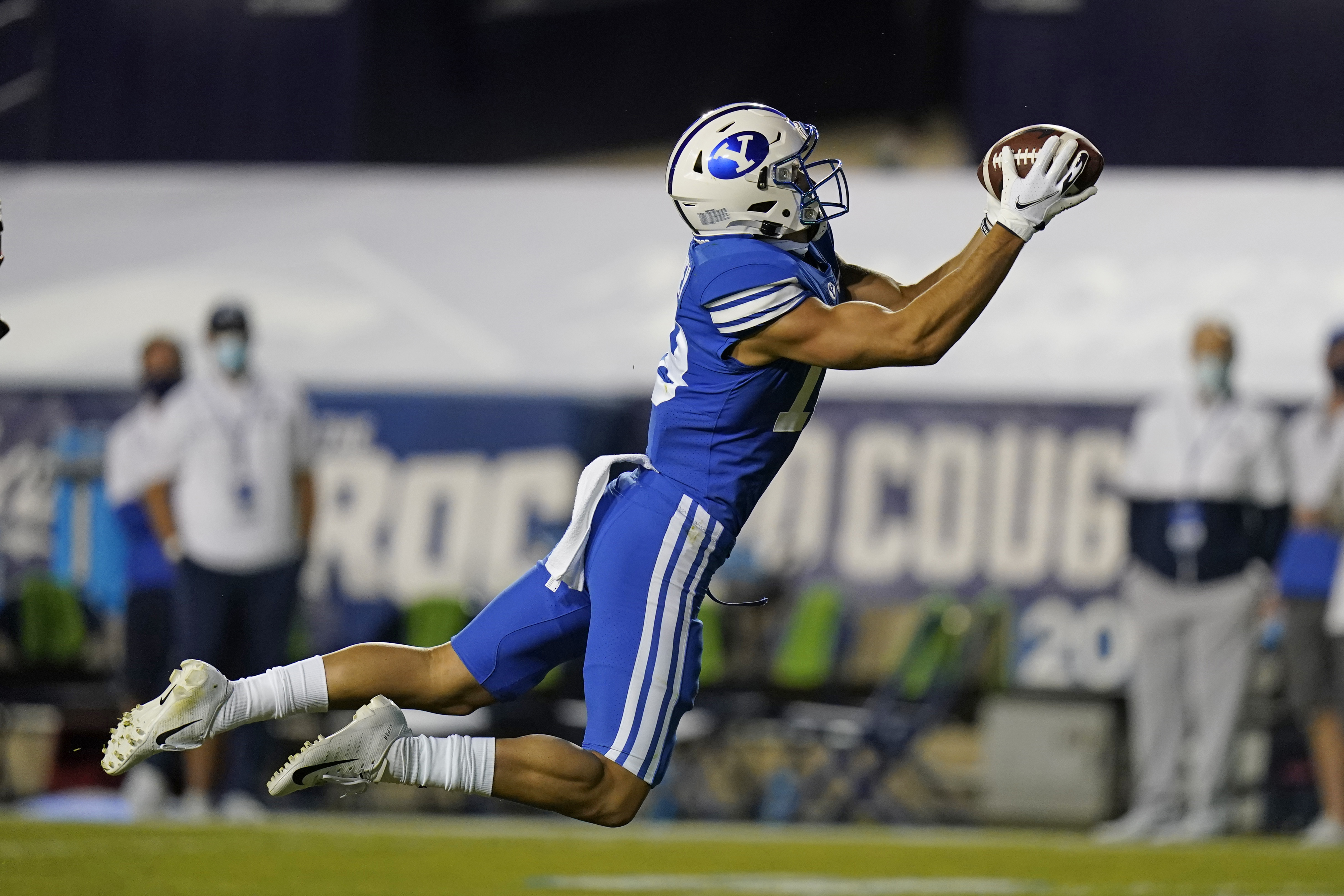 BYU wide receiver Gunner Romney makes a catch against Troy in 2020.