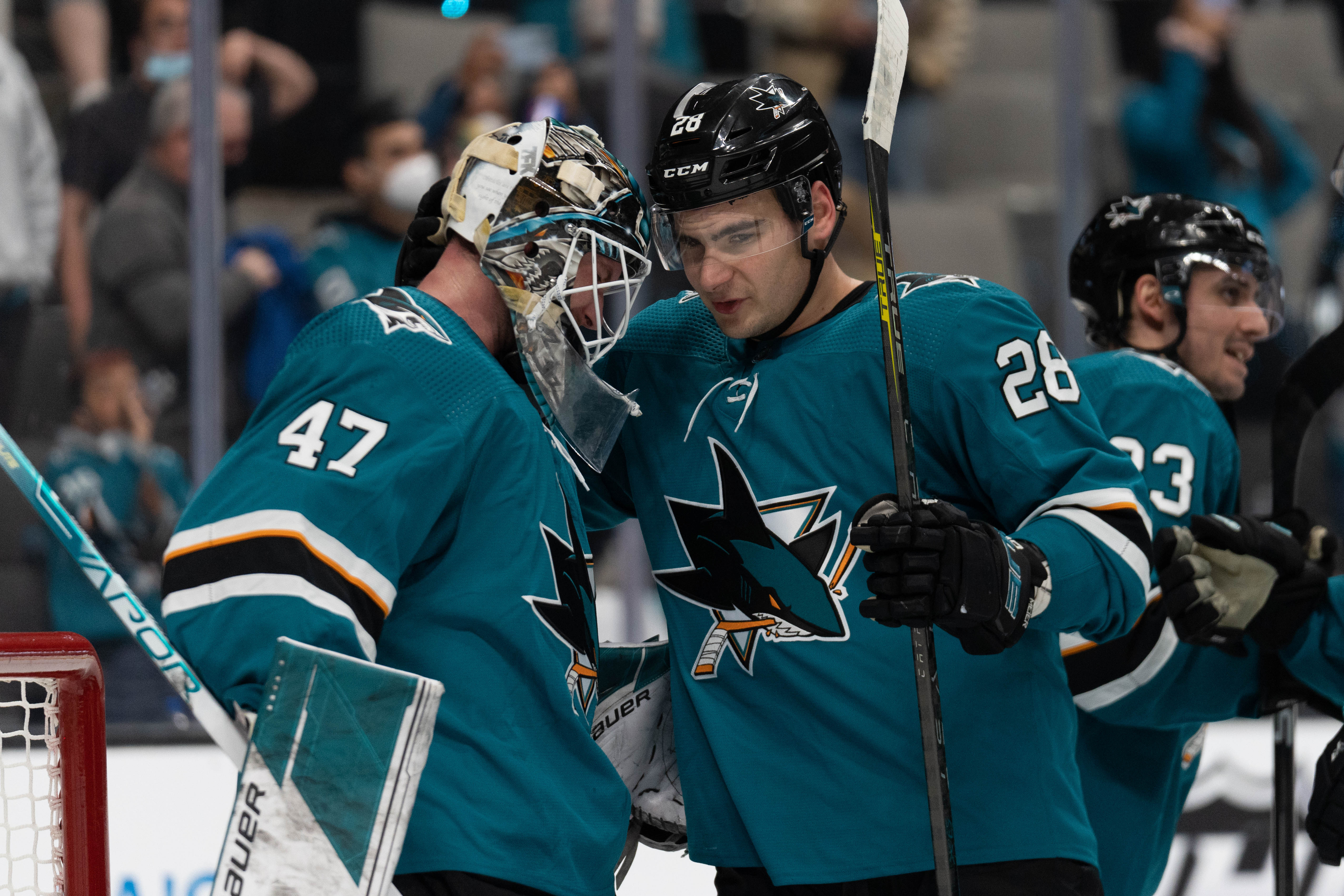 Jan 17, 2022; San Jose, California, USA; San Jose Sharks goaltender James Reimer (47) and right wing Timo Meier (28) celebrate after defeating the Los Angeles Kings at SAP Center at San Jose.