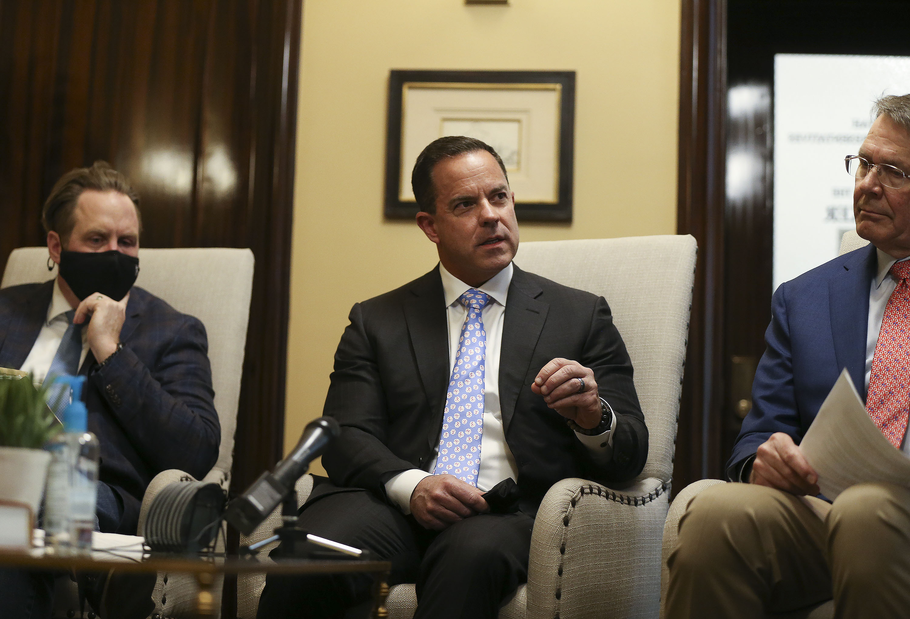 Utah House Speaker Brad Wilson, R-Kaysville, center, center, holds his weekly media availability with Rep. Jefferson Moss, R-Saratoga Springs, left, and Rep. Brad Last, R-Hurricane, right, during the Utah Legislature’s 2021 general session.
