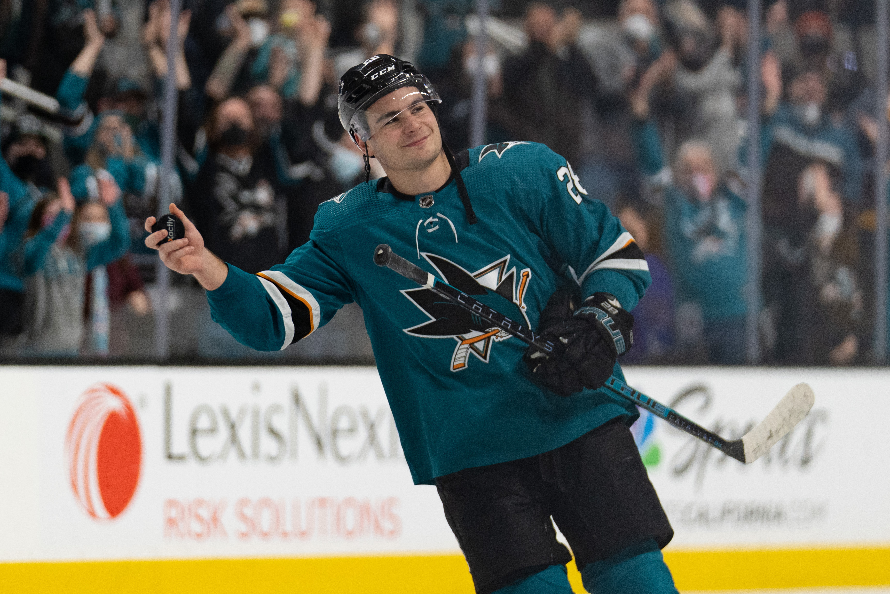 Jan 17, 2022; San Jose, California, USA; San Jose Sharks right wing Timo Meier (28) smiles at the fans after defeating the Los Angeles Kings at SAP Center at San Jose.