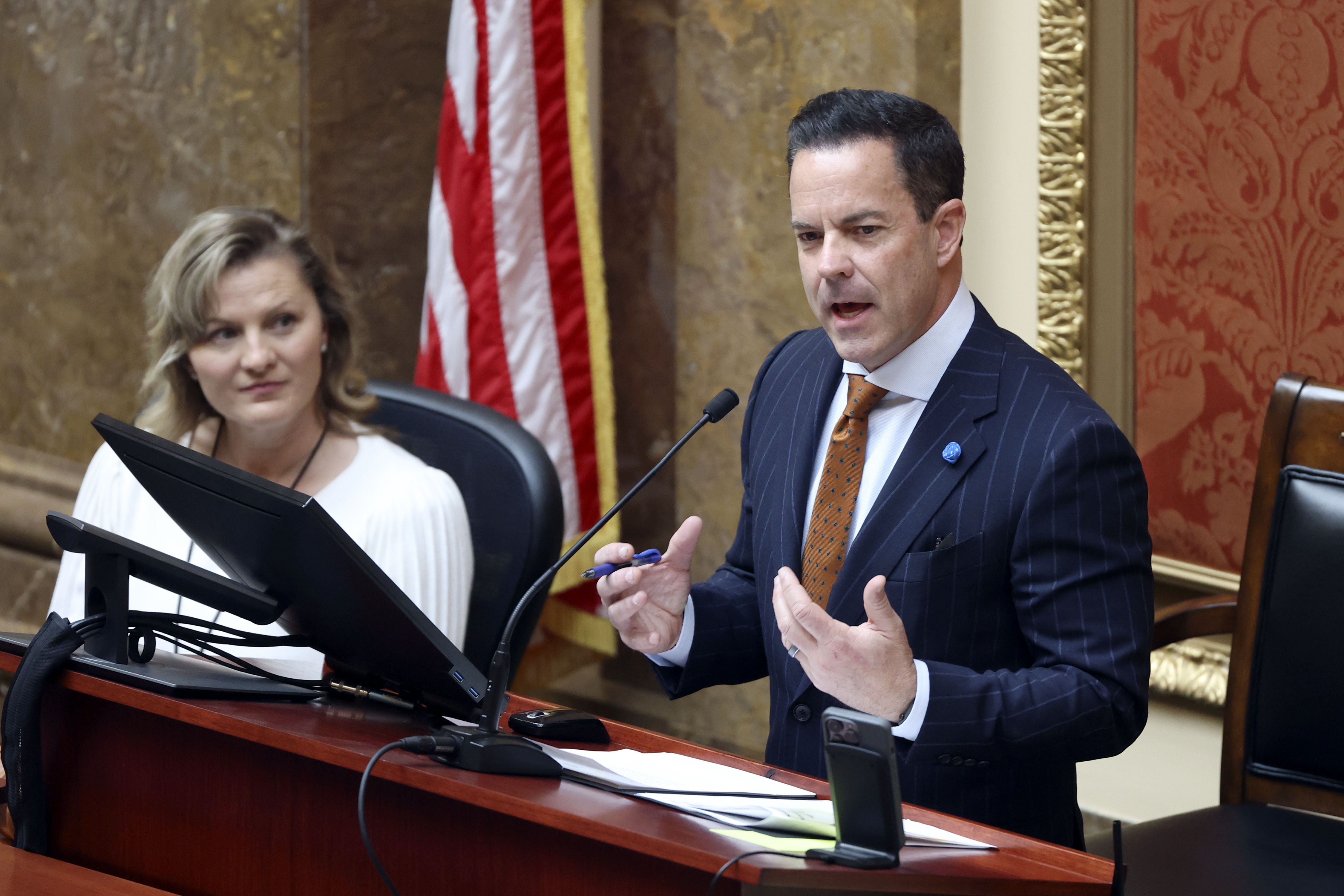 House Speaker Brad Wilson, R-Kaysville, gives his opening remarks during the first day of the legislative session at the Capitol in Salt Lake City on Tuesday, Jan. 18, 2022.