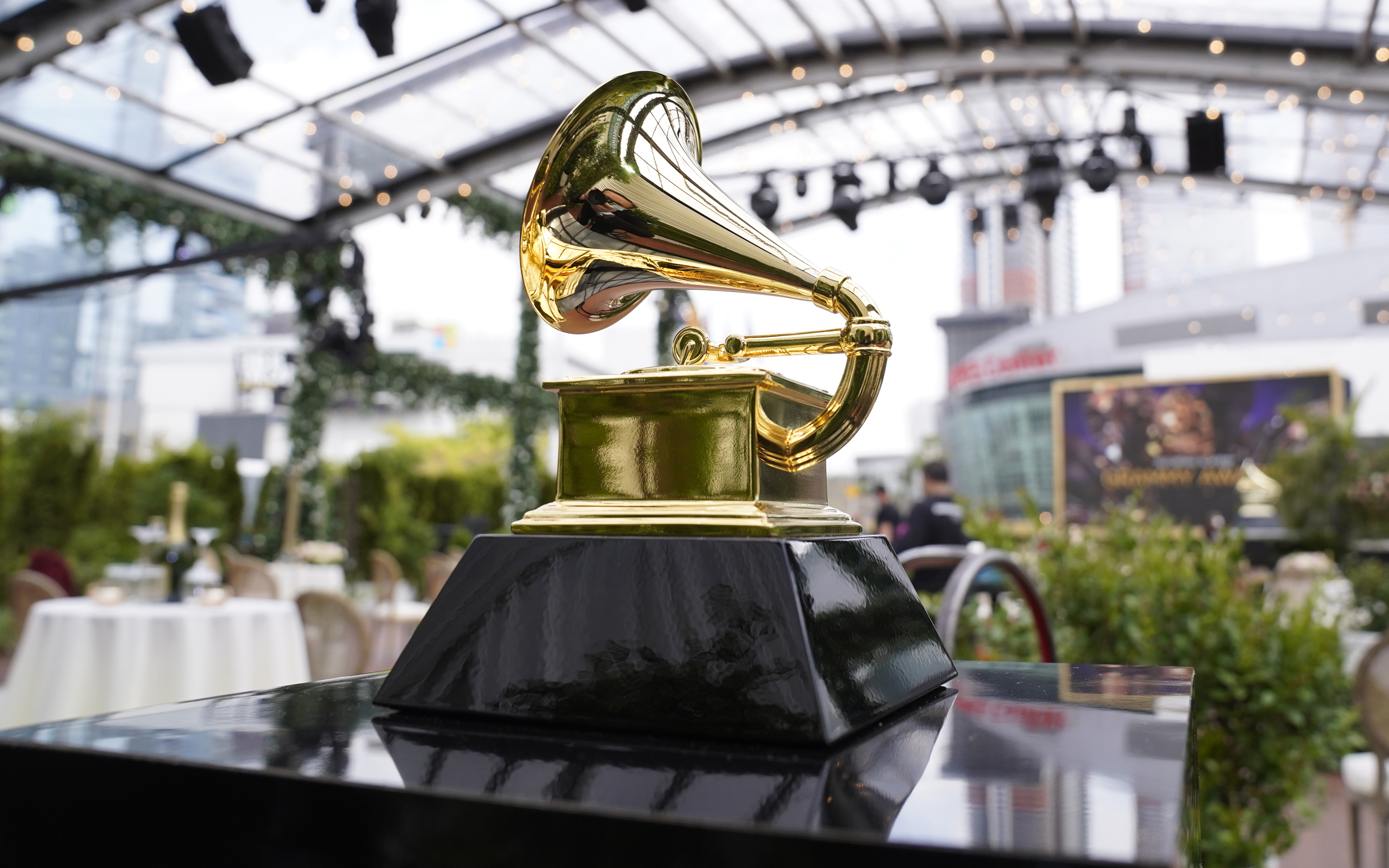 A decorative grammy is seen before the start of the 63rd annual Grammy Awards at the Los Angeles Convention Center on Sunday, March 14, 2021.