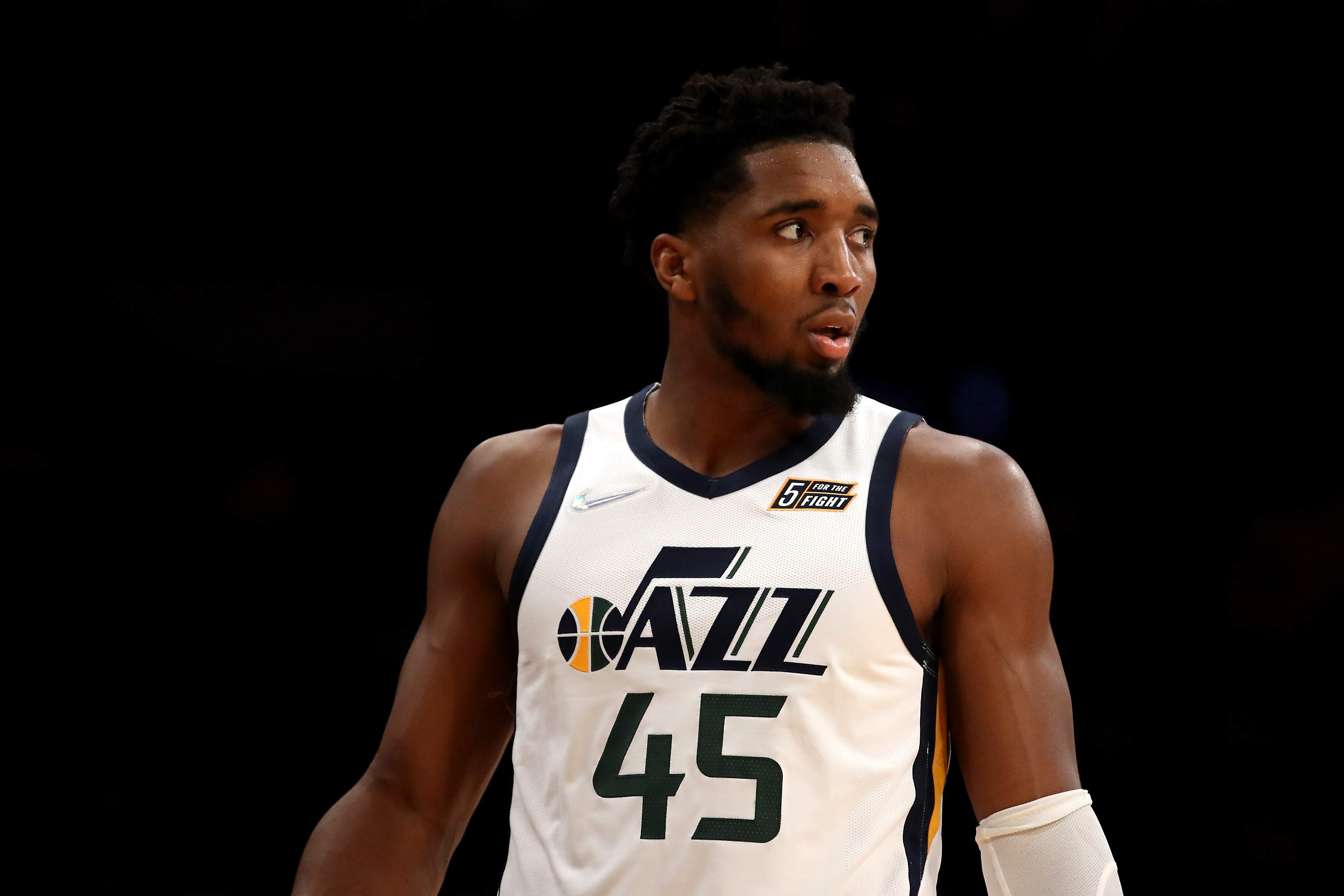 Donovan Mitchell #45 of the Utah Jazz looks on during the fourth quarter against the Los Angeles Lakers at Crypto.com Arena on January 17, 2022 in Los Angeles, California.