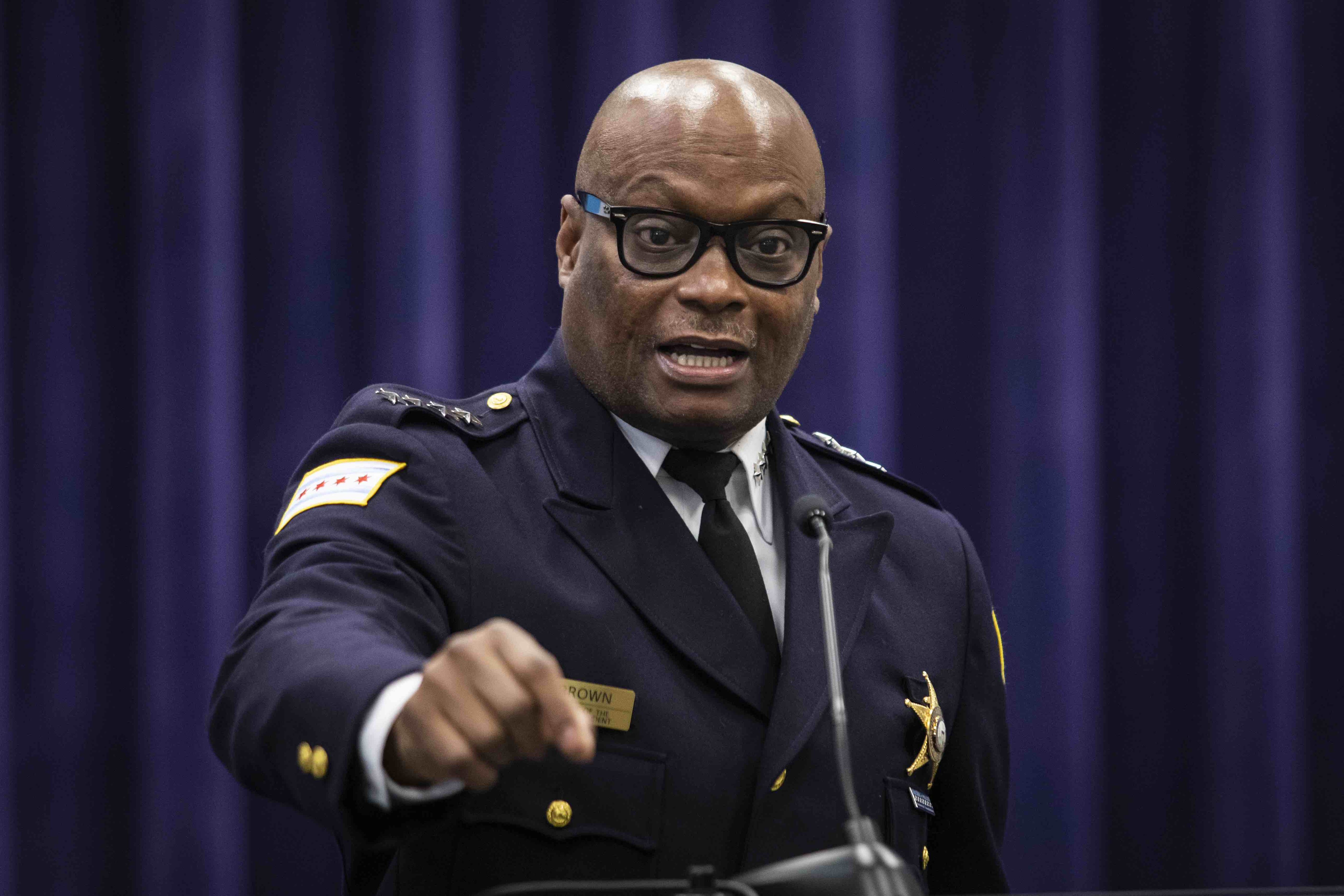 Chicago Police Supt. David Brown answers reporters’ questions during a news conference at CPD headquarters on the South Side, Thursday afternoon, April 22, 2021.