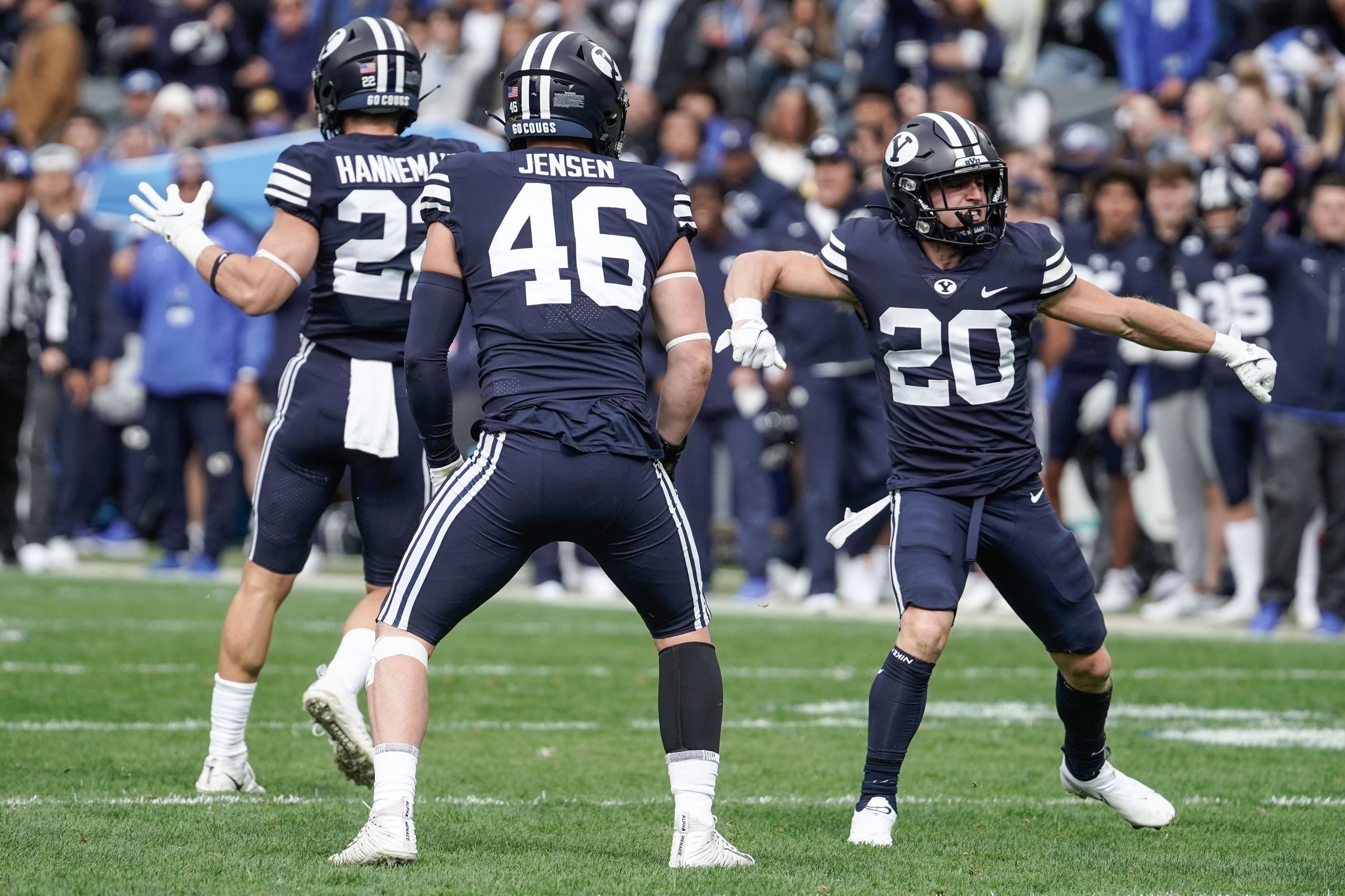 BYU players celebrate against Boise State during an NCAA college football game at LaVell Edwards Stadium in Provo on Saturday, Oct. 9, 2021.