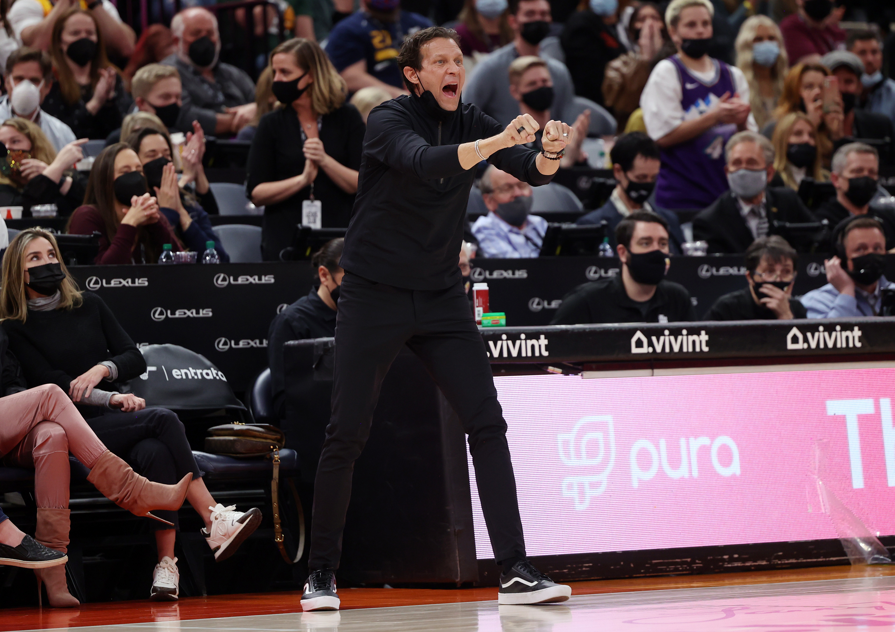 Utah’s head coach Quin Snyder, calls out instructions as the jazz make a small run late in the game as the Utah Jazz and the Houston Rockets play at Vivint Arena in Salt Lake City on Wednesday, Jan. 19, 2022. Houston won 116-111.