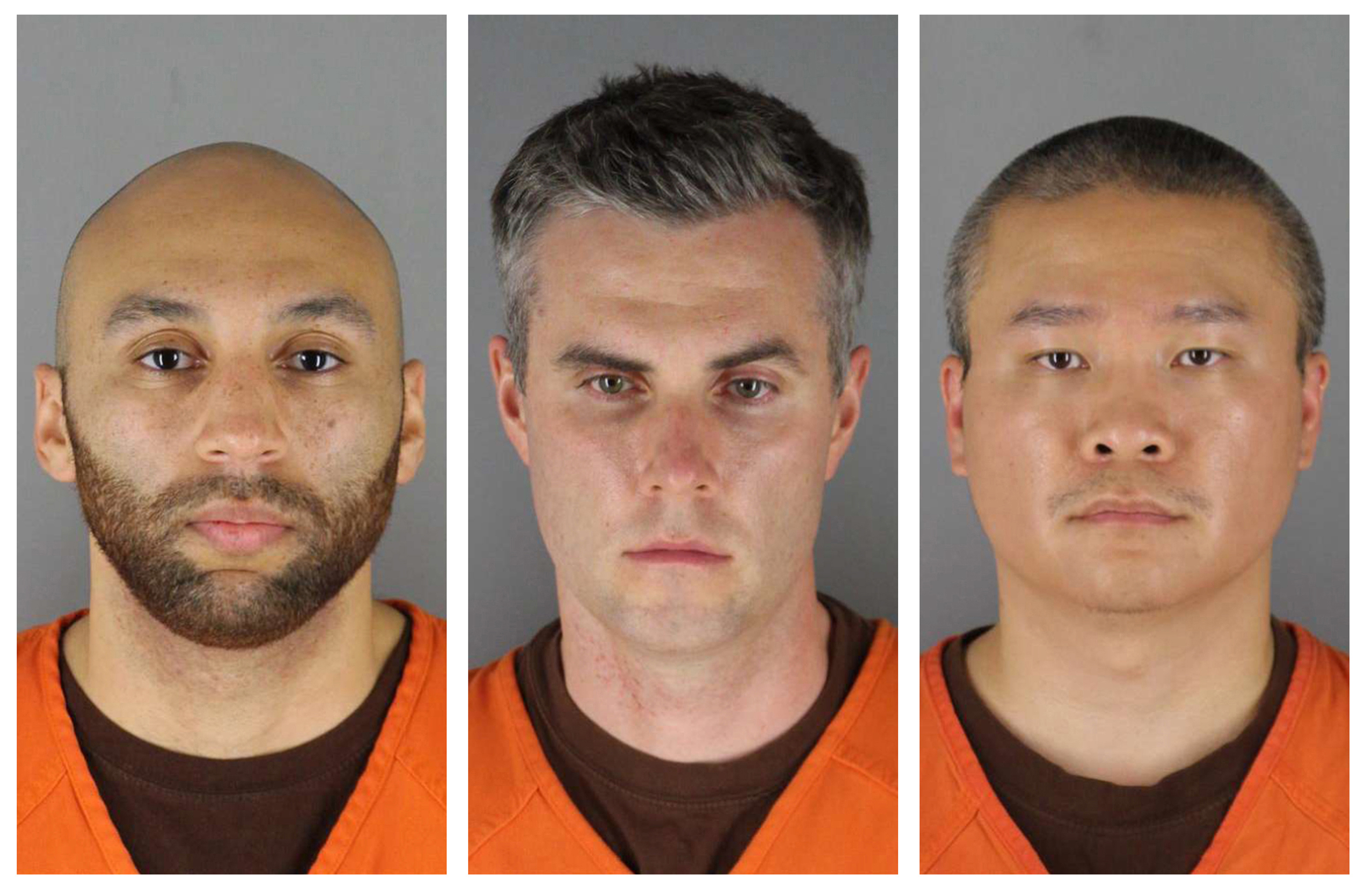 This combination of photos provided by the Hennepin County Sheriff’s Office in Minnesota on June 3, 2020, shows, from left, former Minneapolis police officers J. Alexander Kueng, Thomas Lane and Tou Thao. 