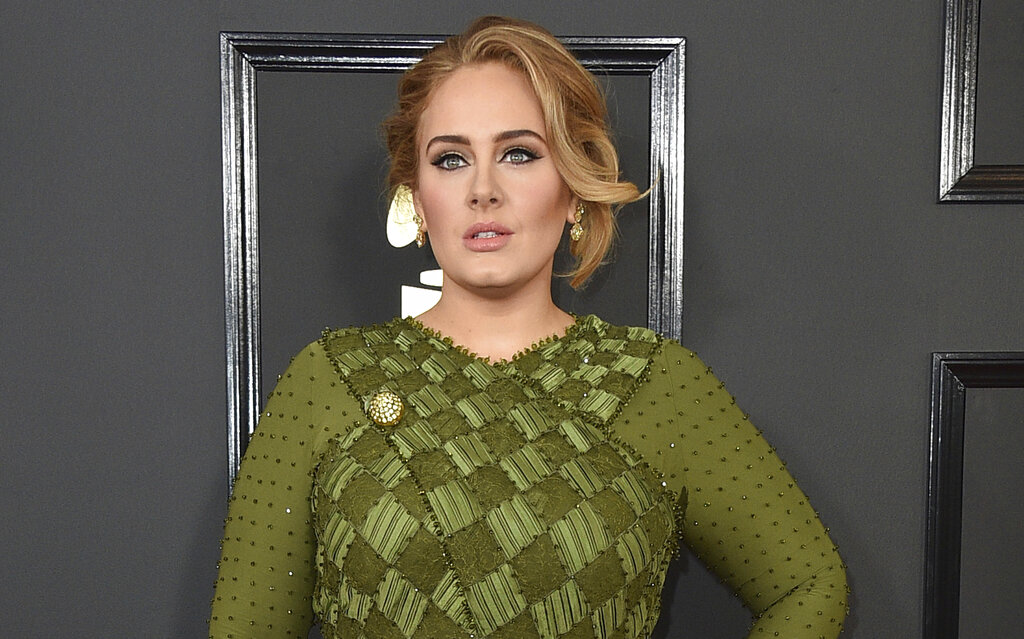 Adele at the red carpet for the 59th annual Grammy Awards.