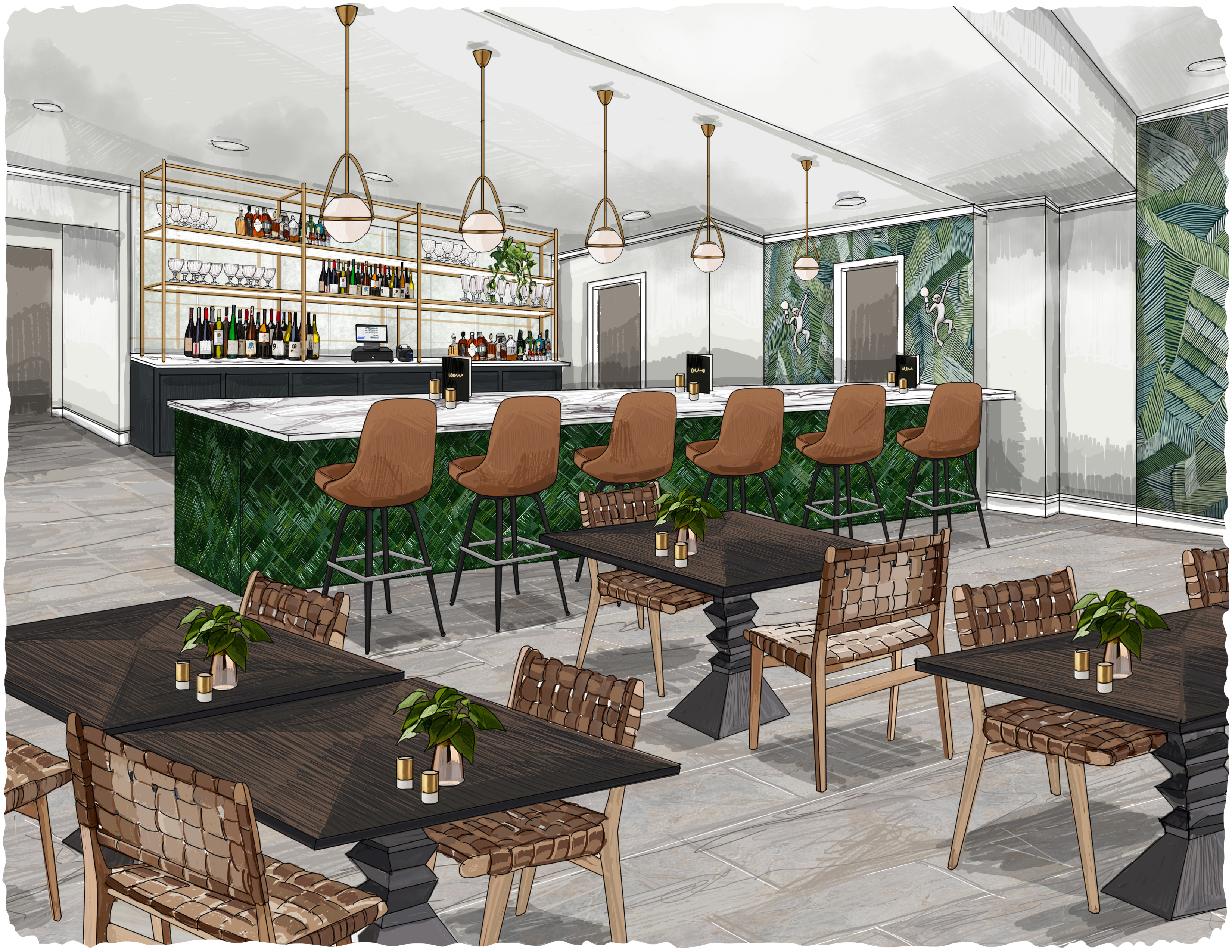 Restaurant interior rendering shows lots of green leaf decor and six high-top brown leather seats at a bar.