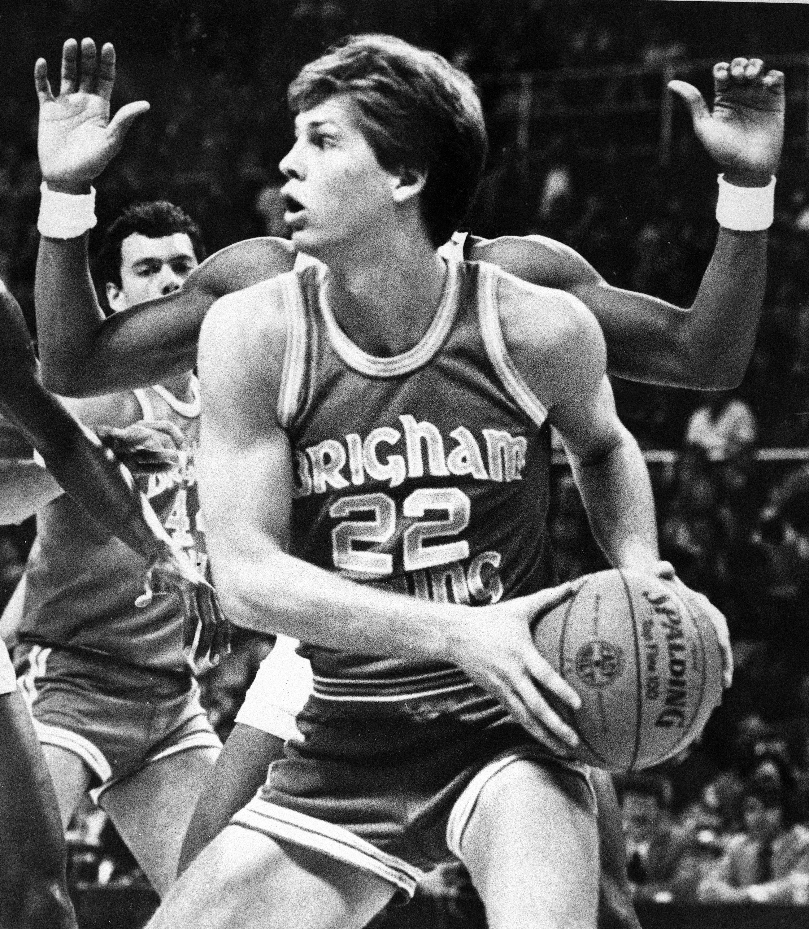 Brigham Young University’s Danny Ainge goes to the basket in a black and white photograph