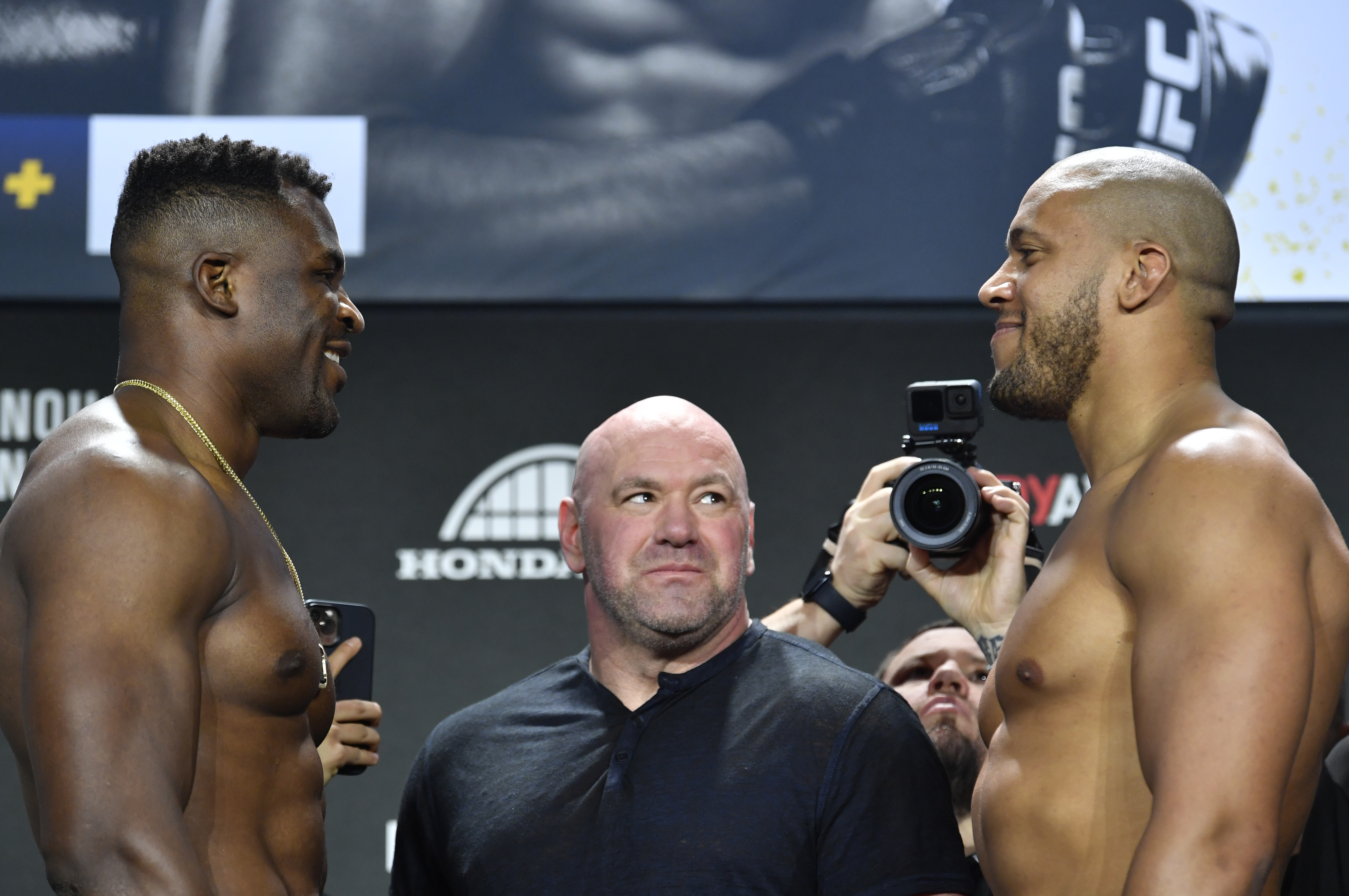 Francis Ngannou and Ciryl Gane at the ceremonial weigh-ins for UFC 270. 