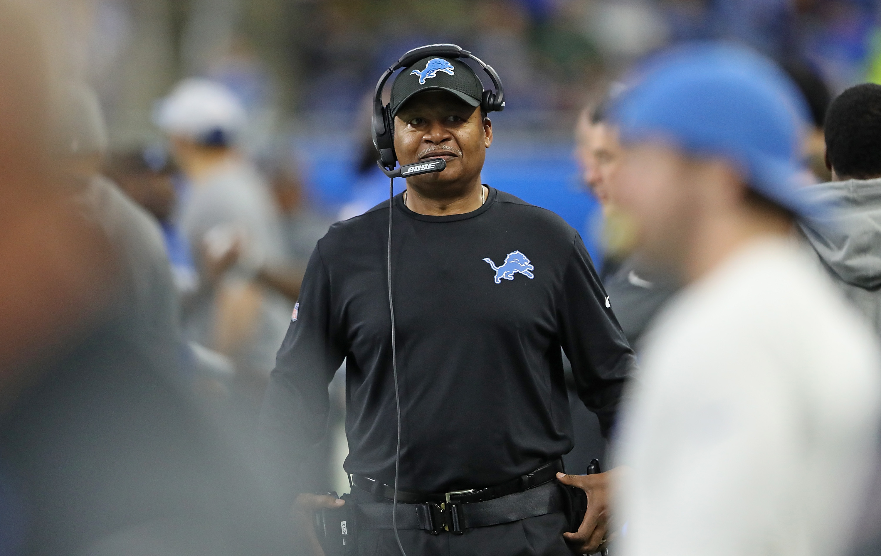Detroit Lions head football coach Jim Caldwell watches the action during the game against the Green Bay Packers at Ford Field on December 31, 2017 in Detroit, Michigan.
