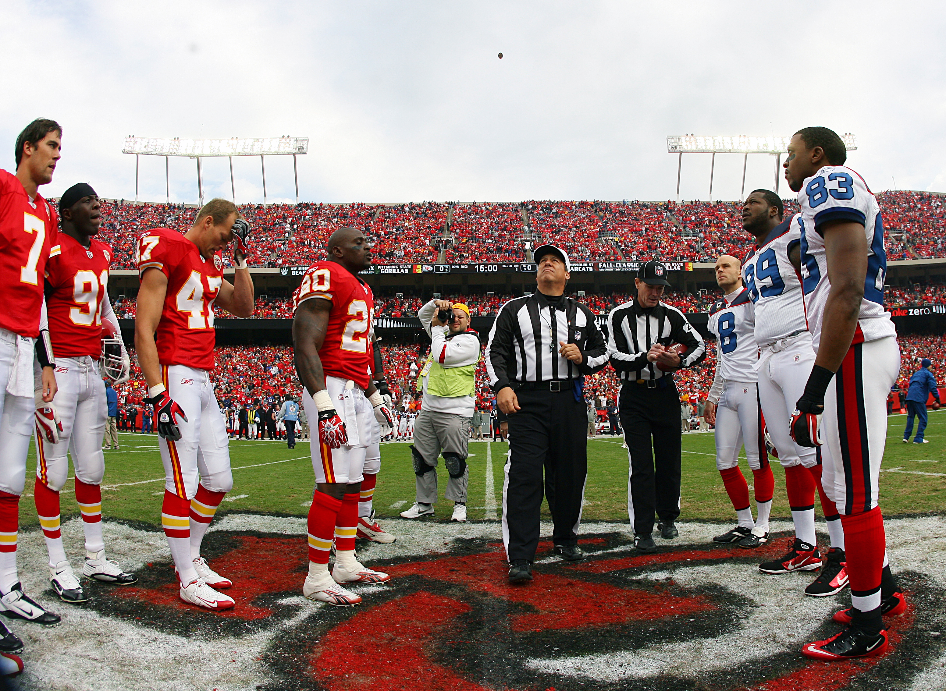 Team captains for the Kansas City Chiefs and the Buffalo Bills meet for the coin toss before a game on October 31, 2010 at Arrowhead Stadium in Kansas City, Missouri. The Chiefs won 13-10.