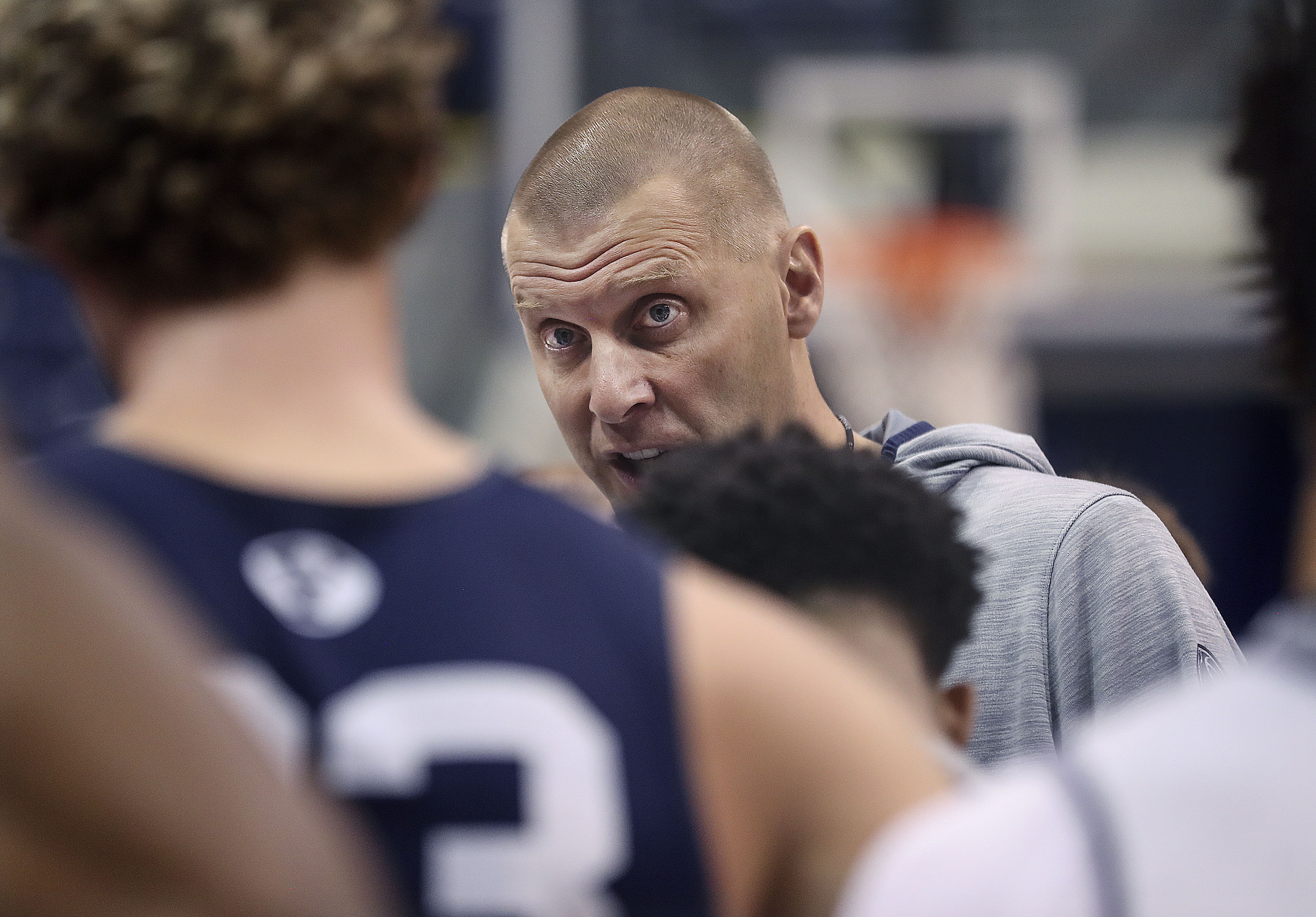 BYU basketball coach Mark Pope instructs his players during practice at the Marriott Center in Provo on Oct. 21, 2021.