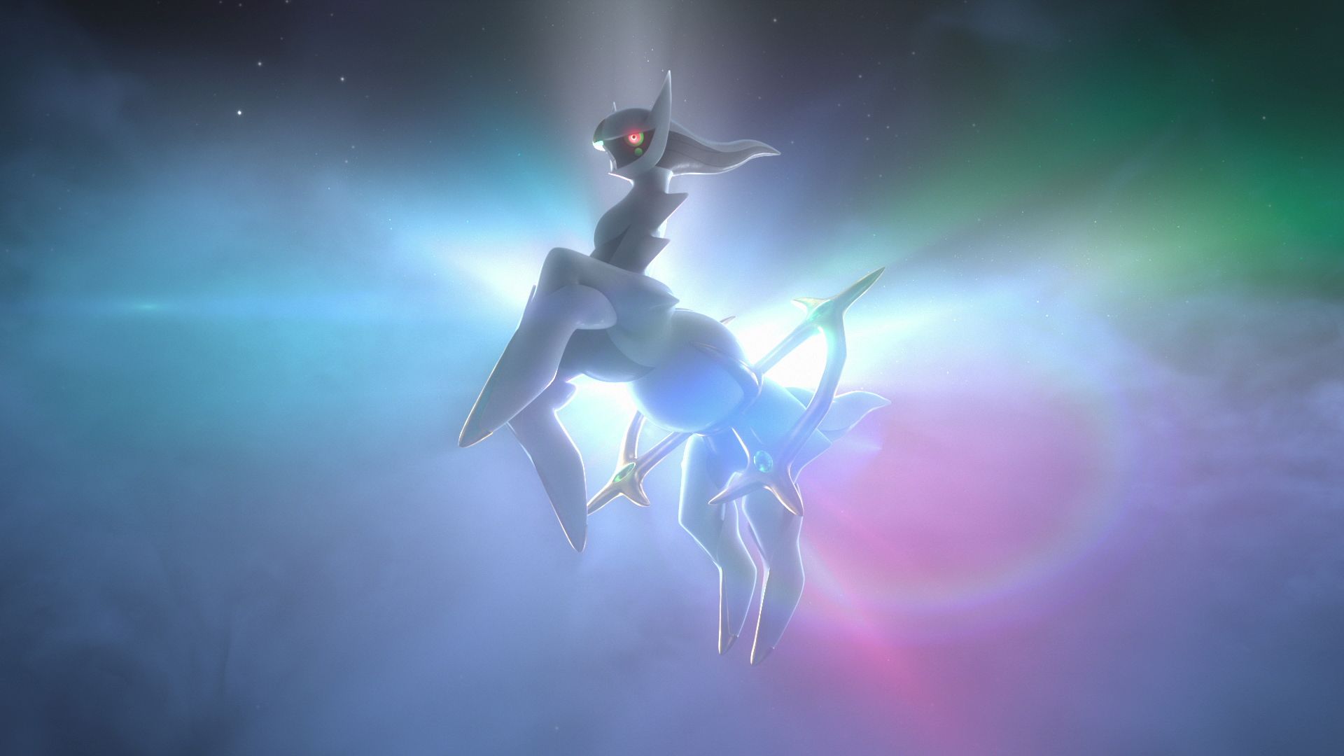 the godlike Pokémon Arceus on a rainbow background in Pokémon Legends: Arceus