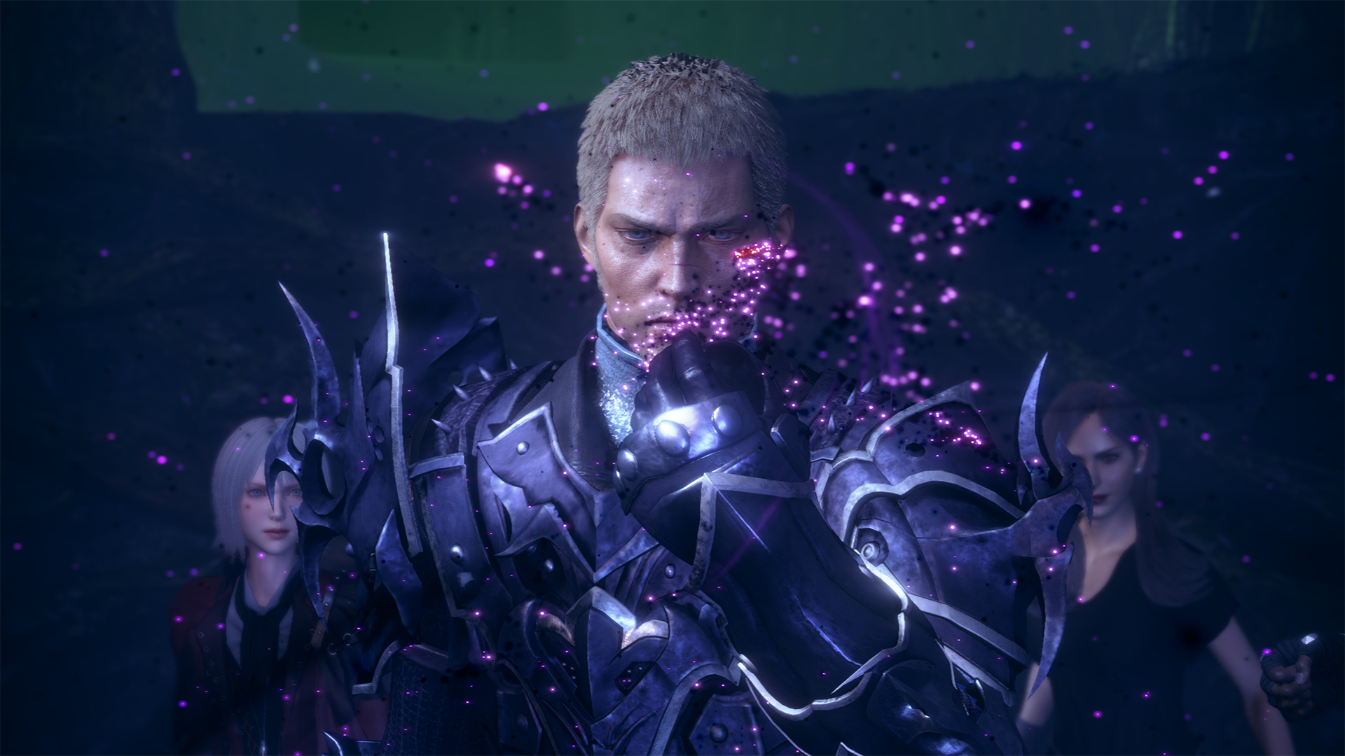Jack Garland holds a black orb and is flanked by Neon and Sophia in a screenshot from Stranger in Paradise: Final Fantasy Origin