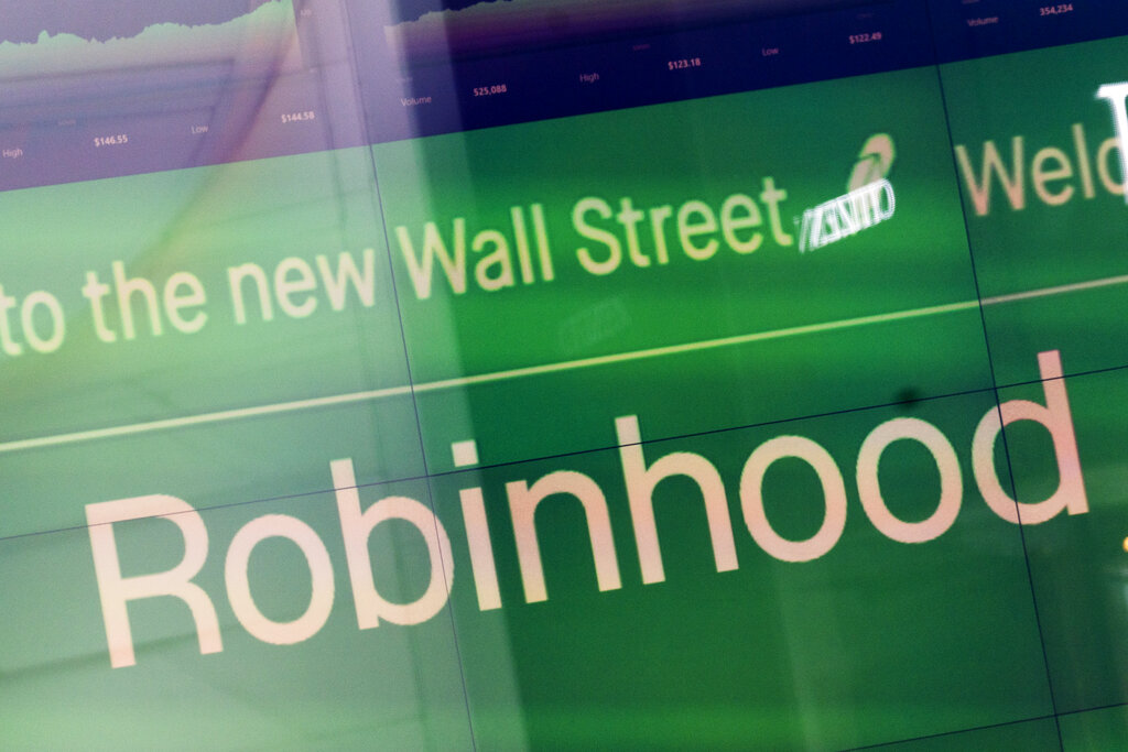 An electronic screen at Nasdaq displays Robinhood in New York’s Times Square
