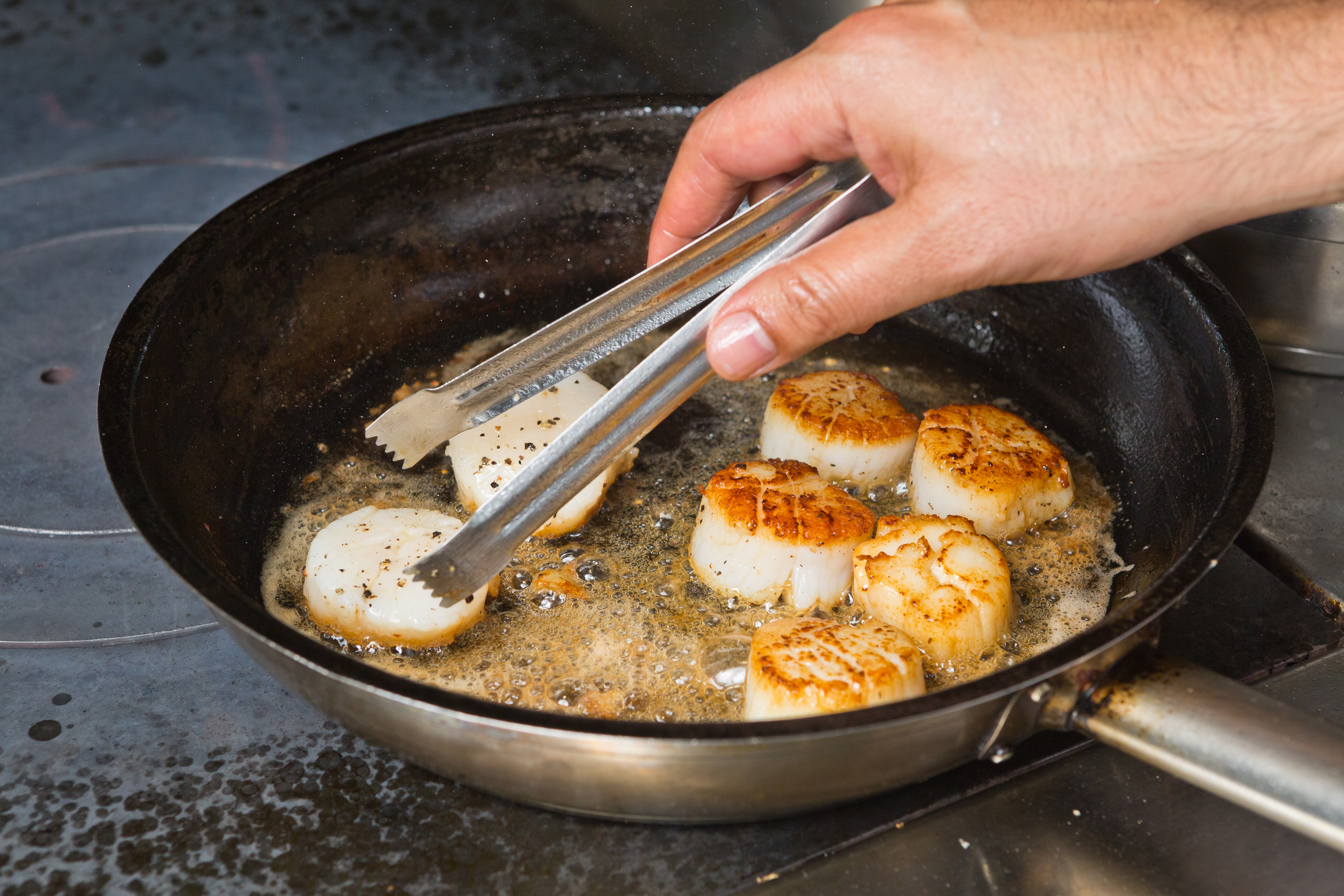 Scallops searing in a pan are flipped over by a person holding a pair of tongs.